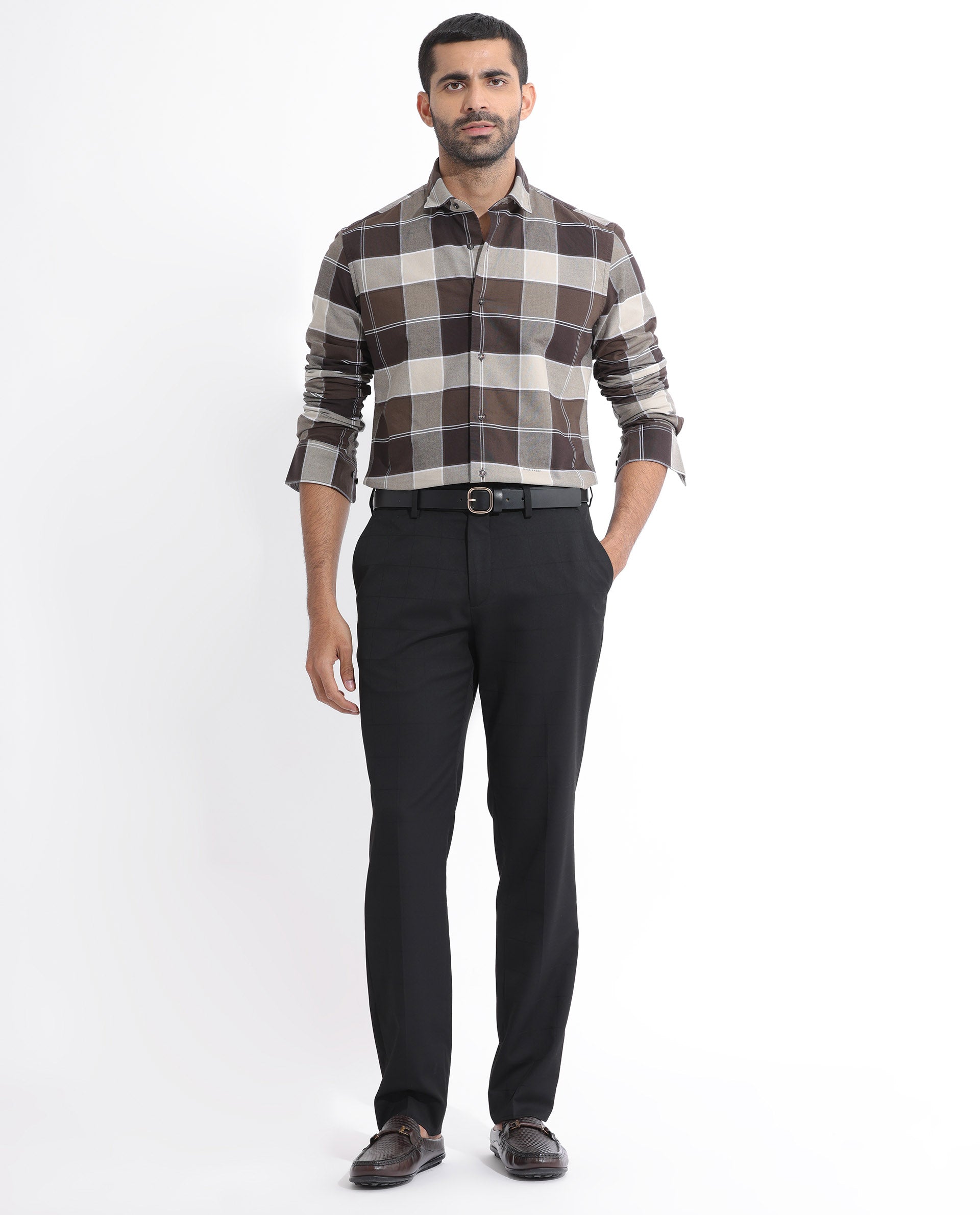 Rare Rabbit Men's Newton Dark Brown Cotton Fabric Full Sleeves Checks Shirt