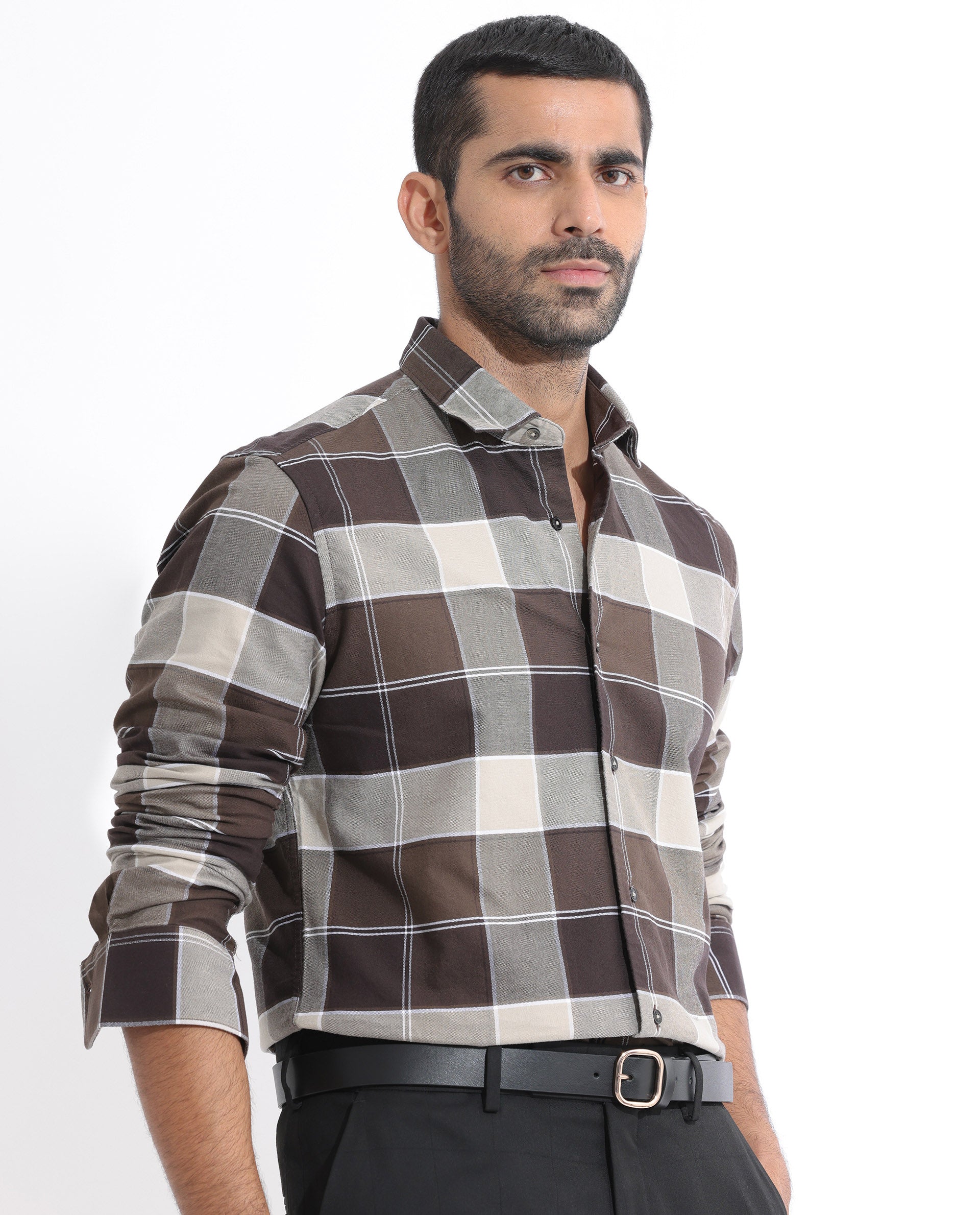 Rare Rabbit Men's Newton Dark Brown Cotton Fabric Full Sleeves Checks Shirt
