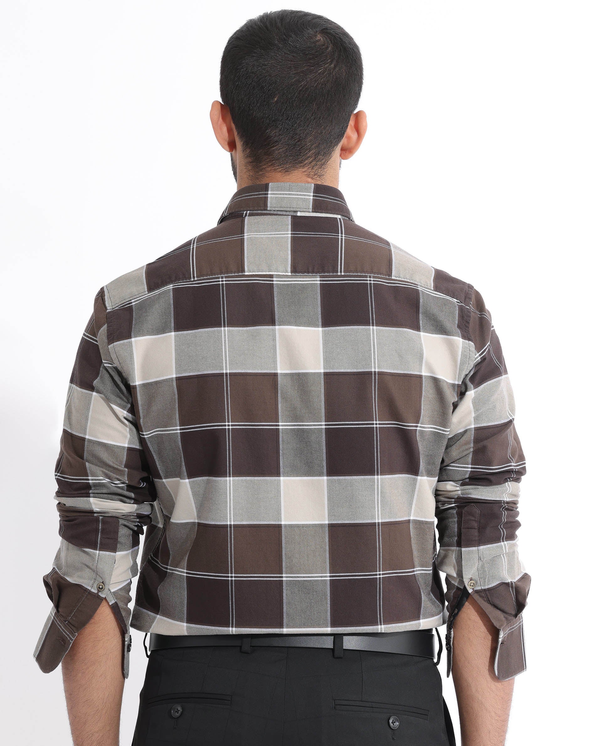 Rare Rabbit Men's Newton Dark Brown Cotton Fabric Full Sleeves Checks Shirt