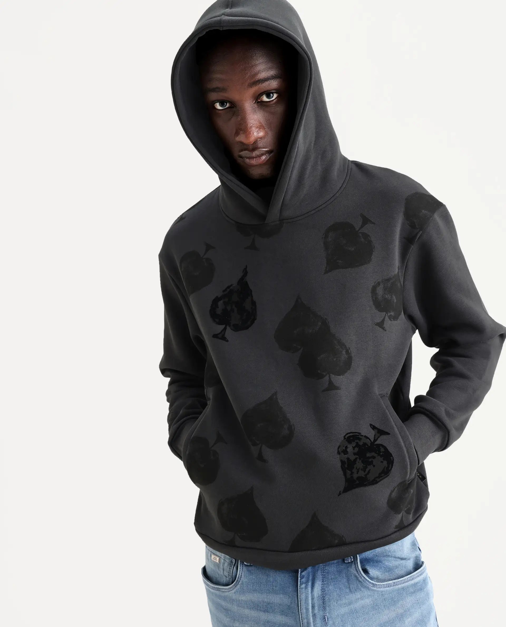 Rare Rabbit Men's Nexa Dark Grey Cotton Blend Graphic Print Relaxed Fit  Full Sleeve Hooded Sweatshirt