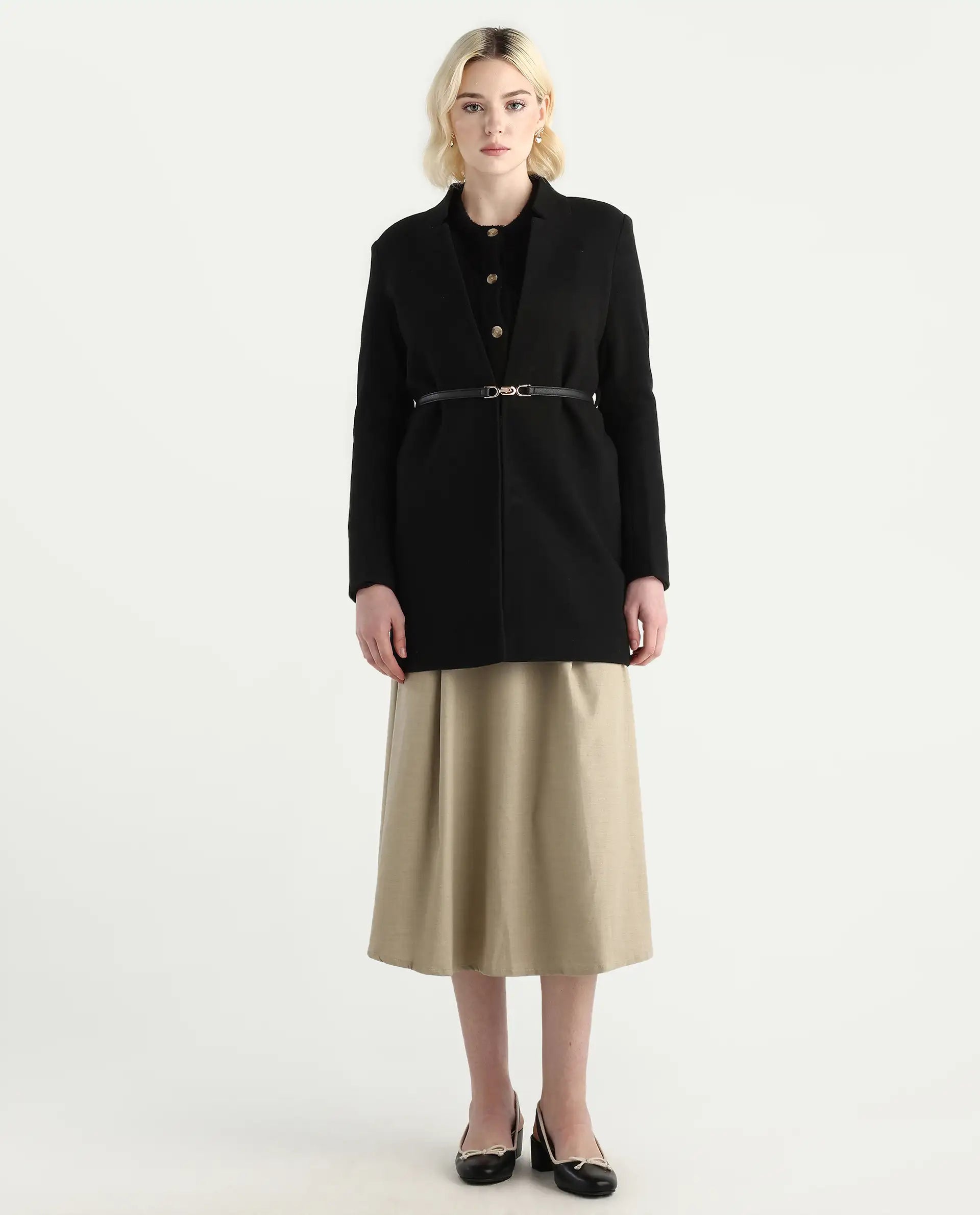 Rareism Women's Nexmario Black Polyester Blend Collared Neck Coat Fit Coat