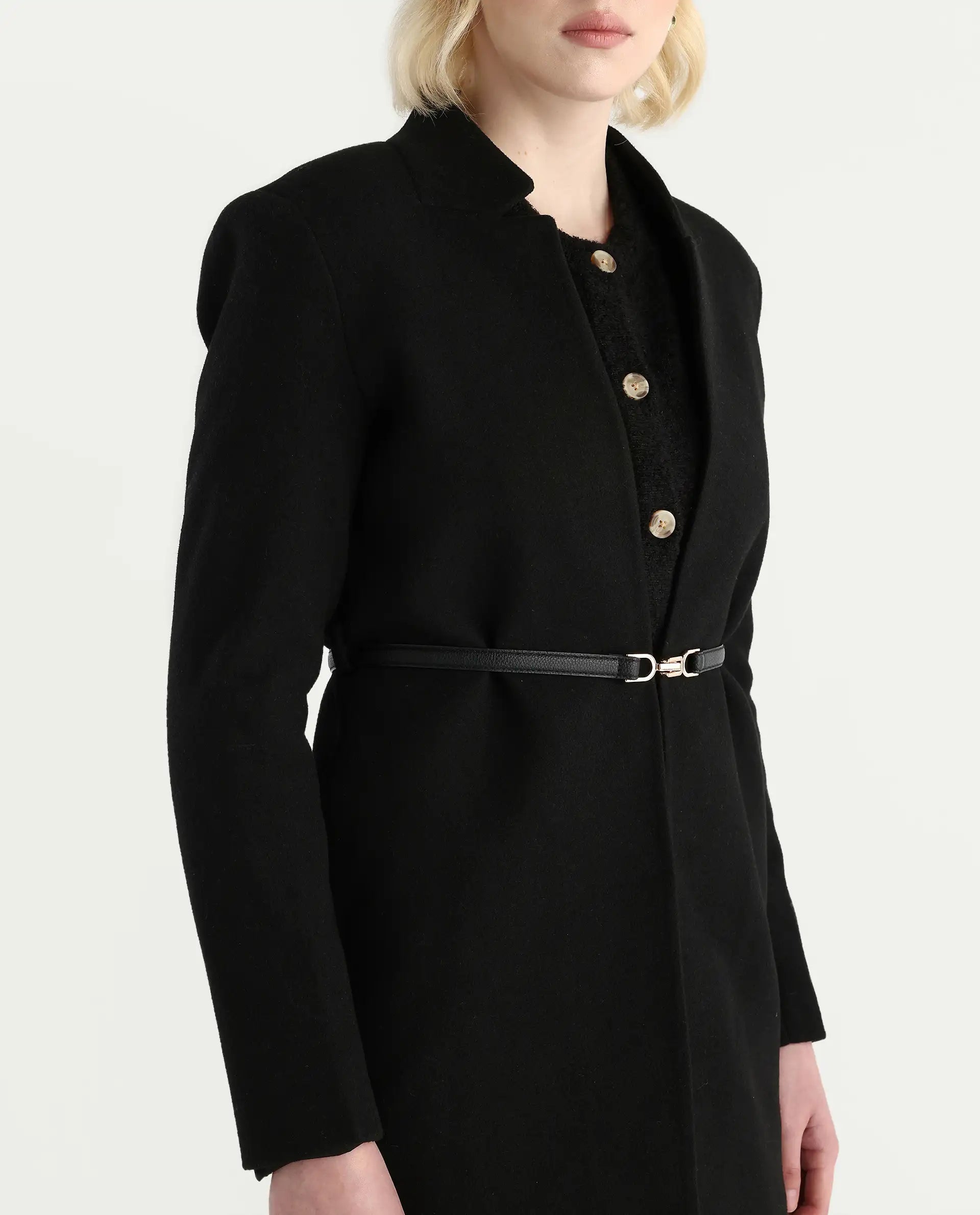 Rareism Women's Nexmario Black Polyester Blend Collared Neck Coat Fit Coat