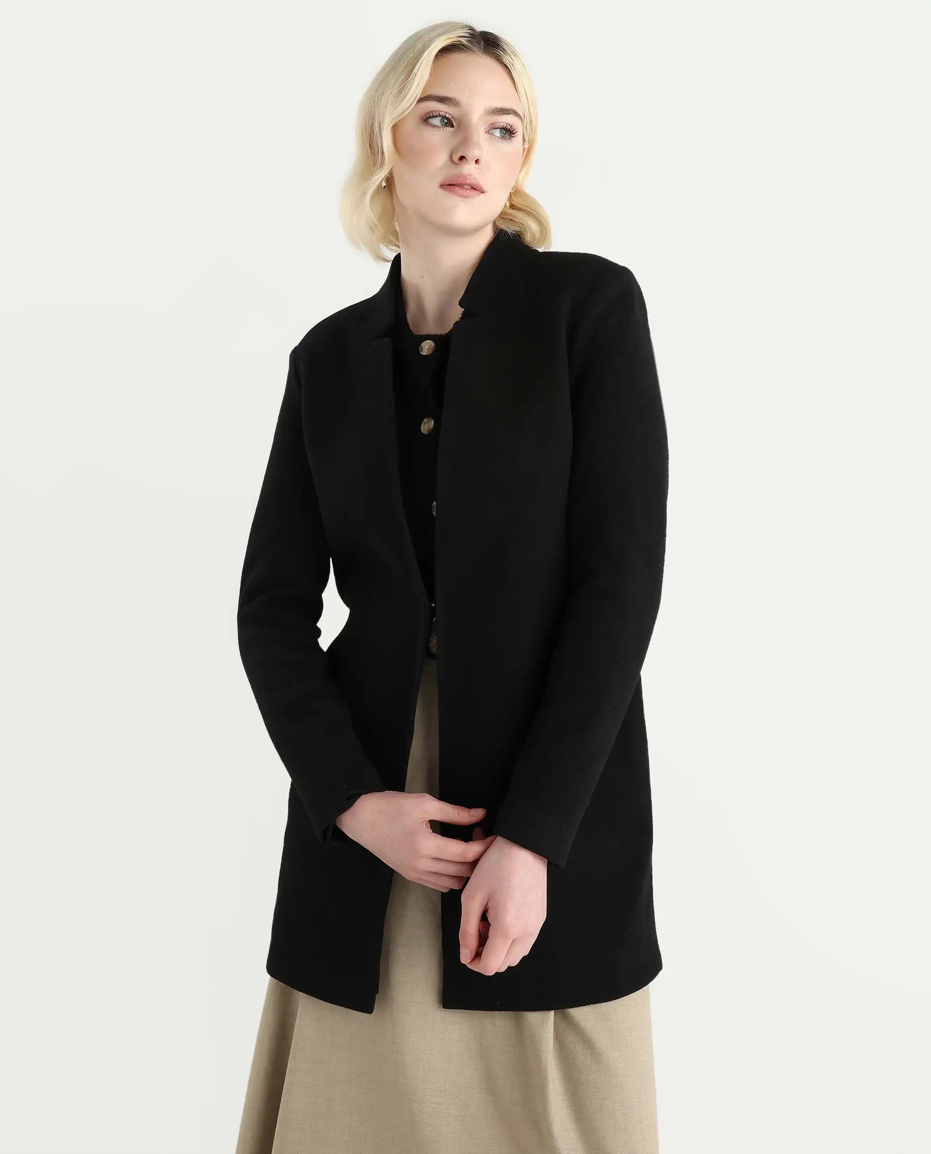 Rareism Women's Nexmario Black Polyester Blend Collared Neck Coat Fit Coat