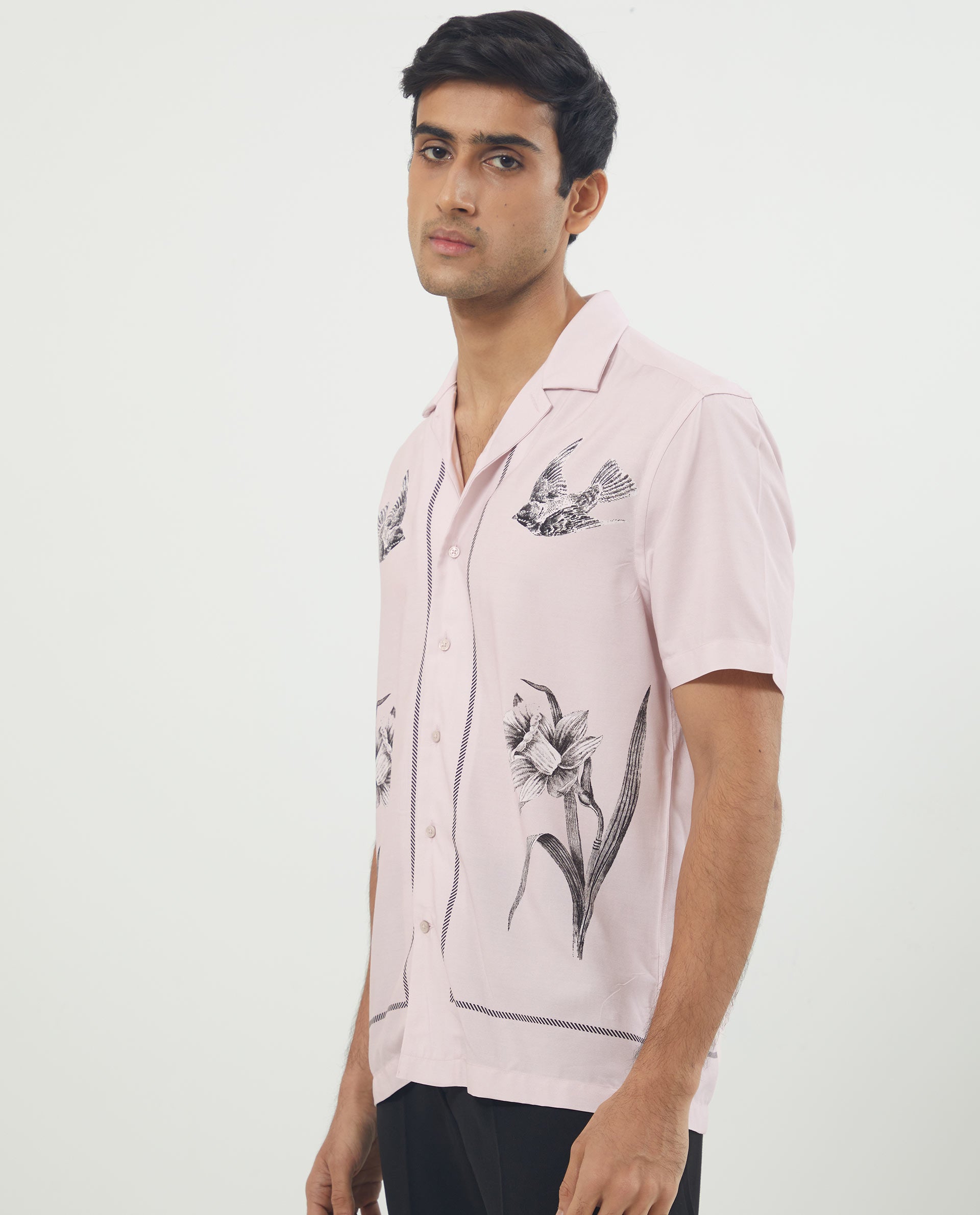 Rare Rabbit Men's Nicaro Pink Viscose Fabric Floral Print Half Sleeves Shirt