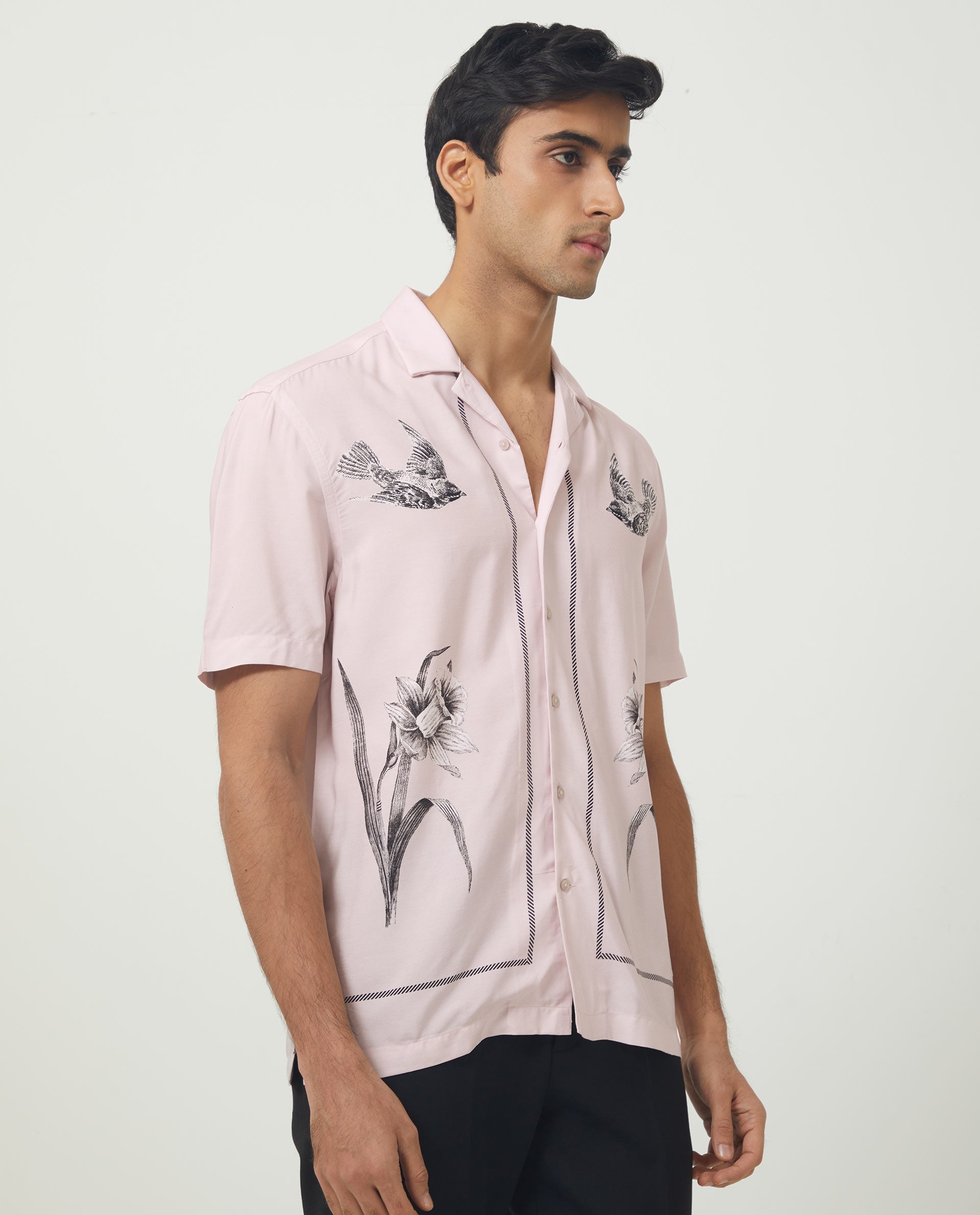 Rare Rabbit Men's Nicaro Pink Viscose Fabric Floral Print Half Sleeves Shirt