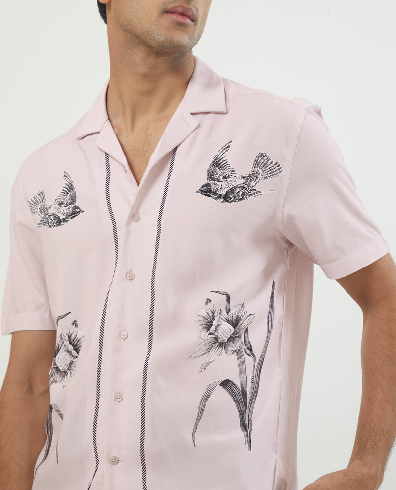 Rare Rabbit Men's Nicaro Pink Viscose Fabric Floral Print Half Sleeves Shirt