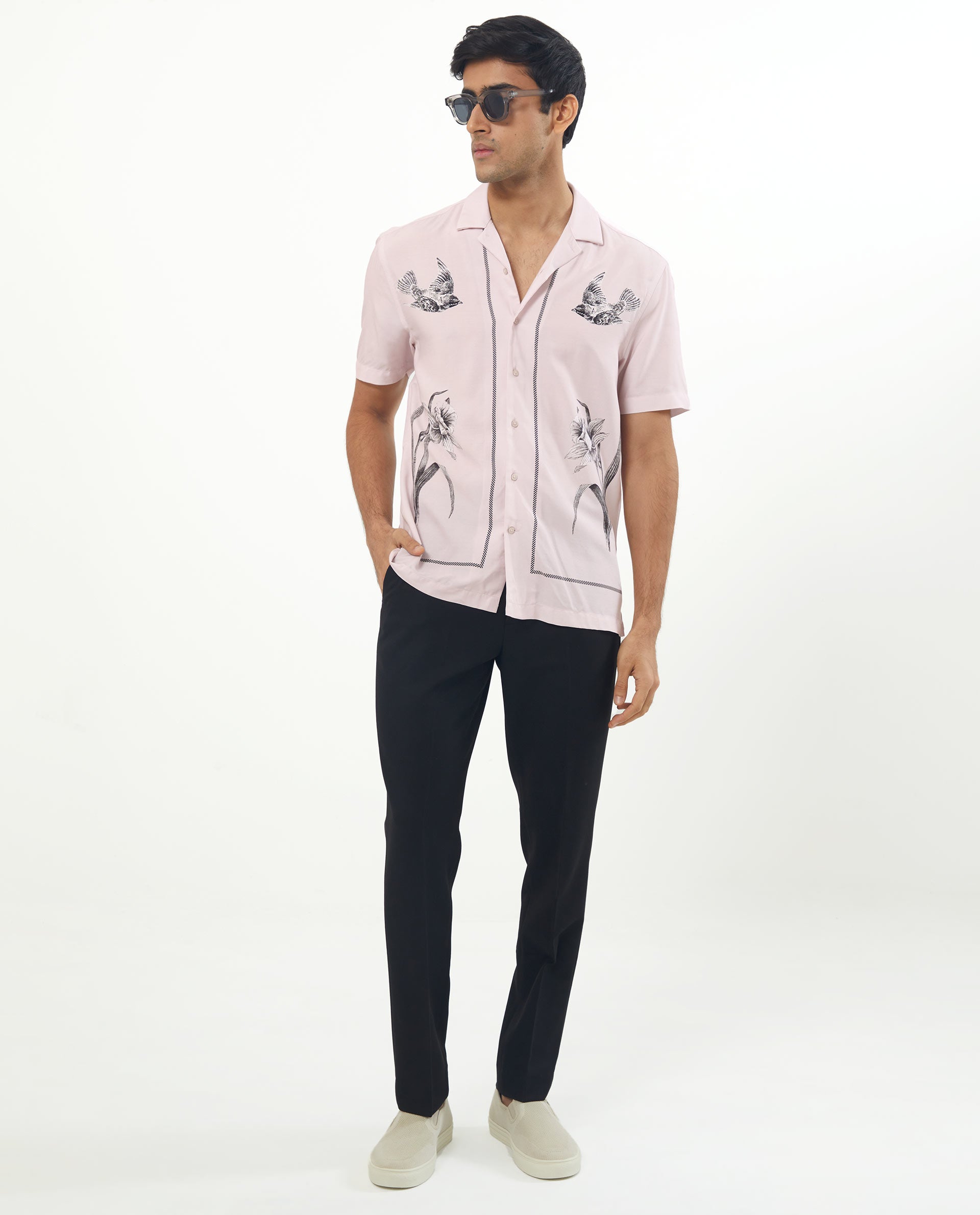 Rare Rabbit Men's Nicaro Pink Viscose Fabric Floral Print Half Sleeves Shirt