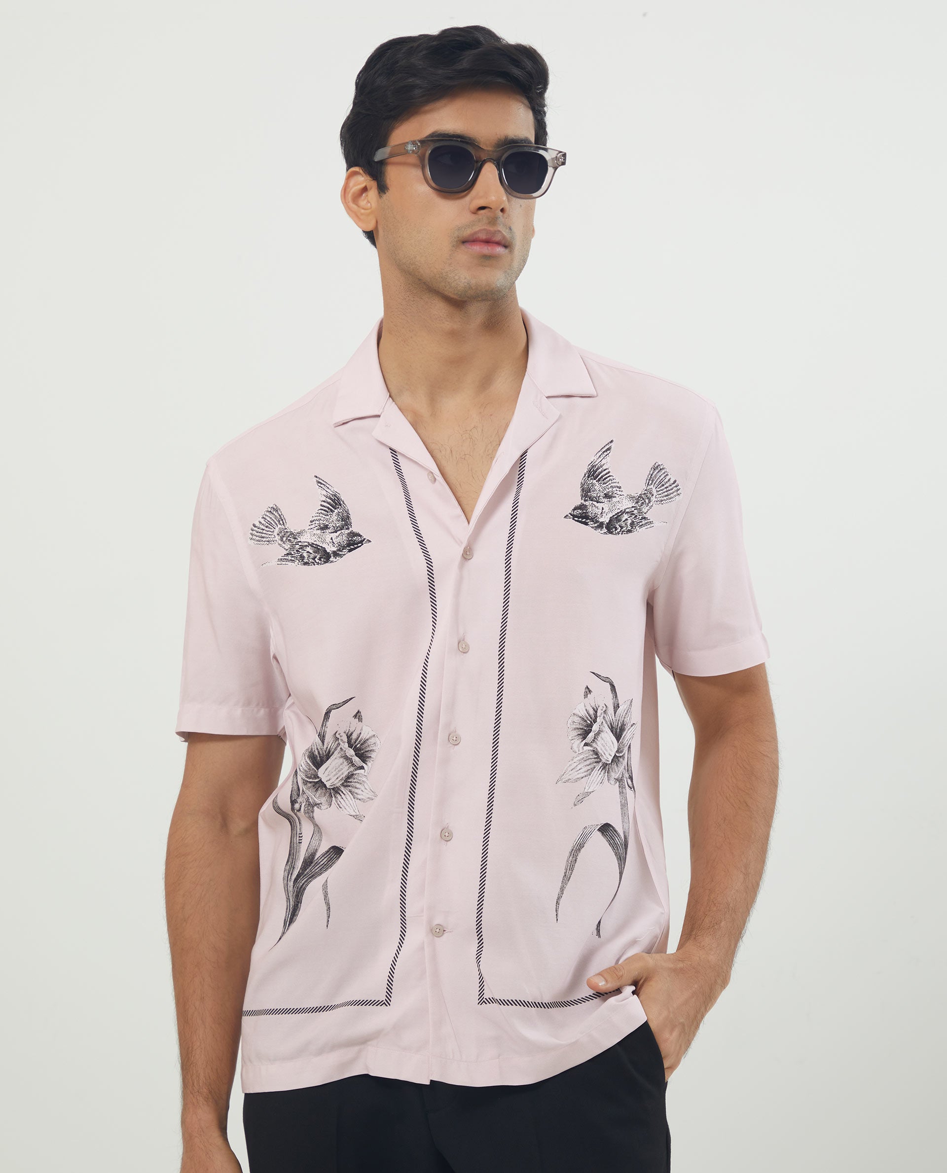 Rare Rabbit Men's Nicaro Pink Viscose Fabric Floral Print Half Sleeves Shirt