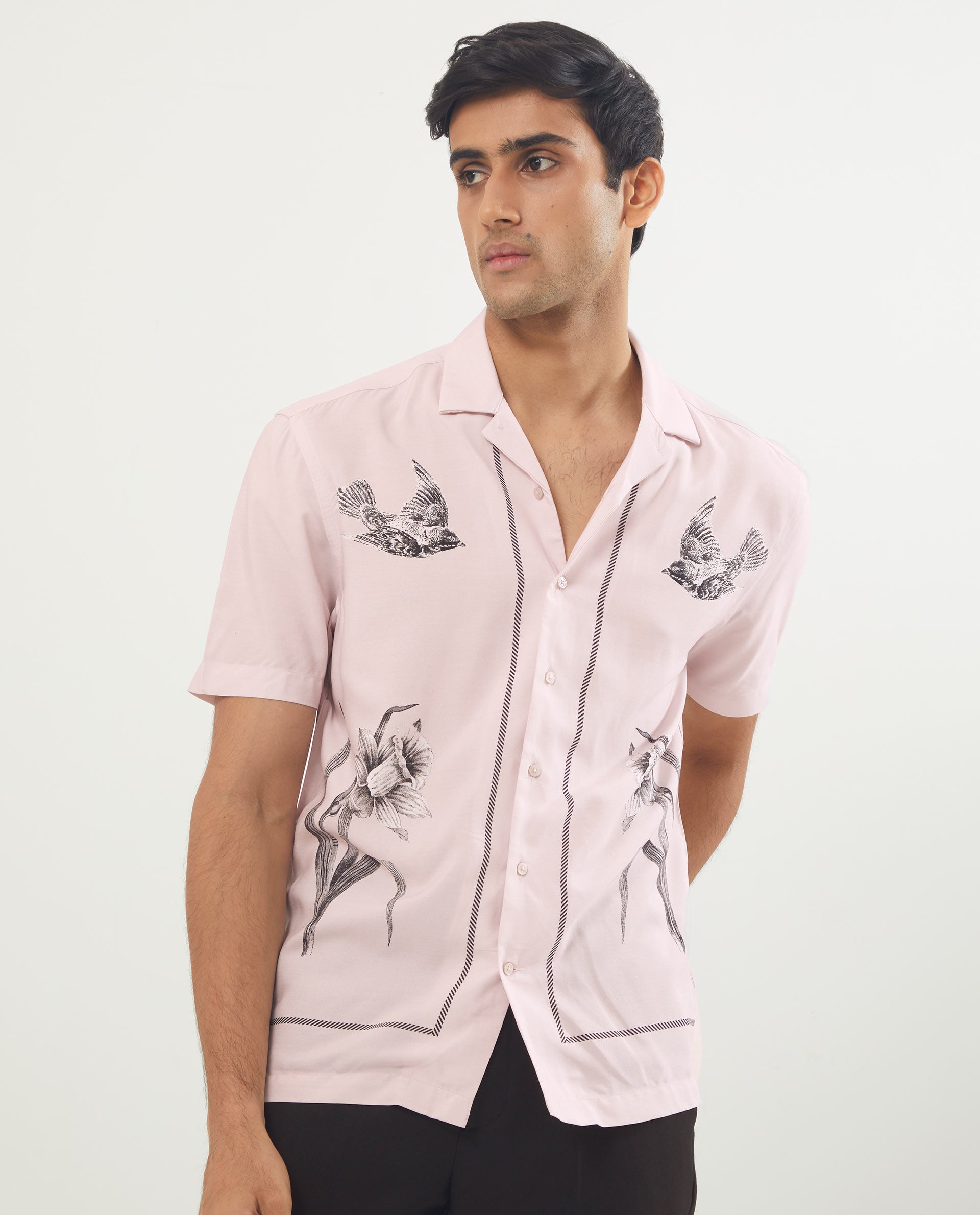 Rare Rabbit Men's Nicaro Pink Viscose Fabric Floral Print Half Sleeves Shirt