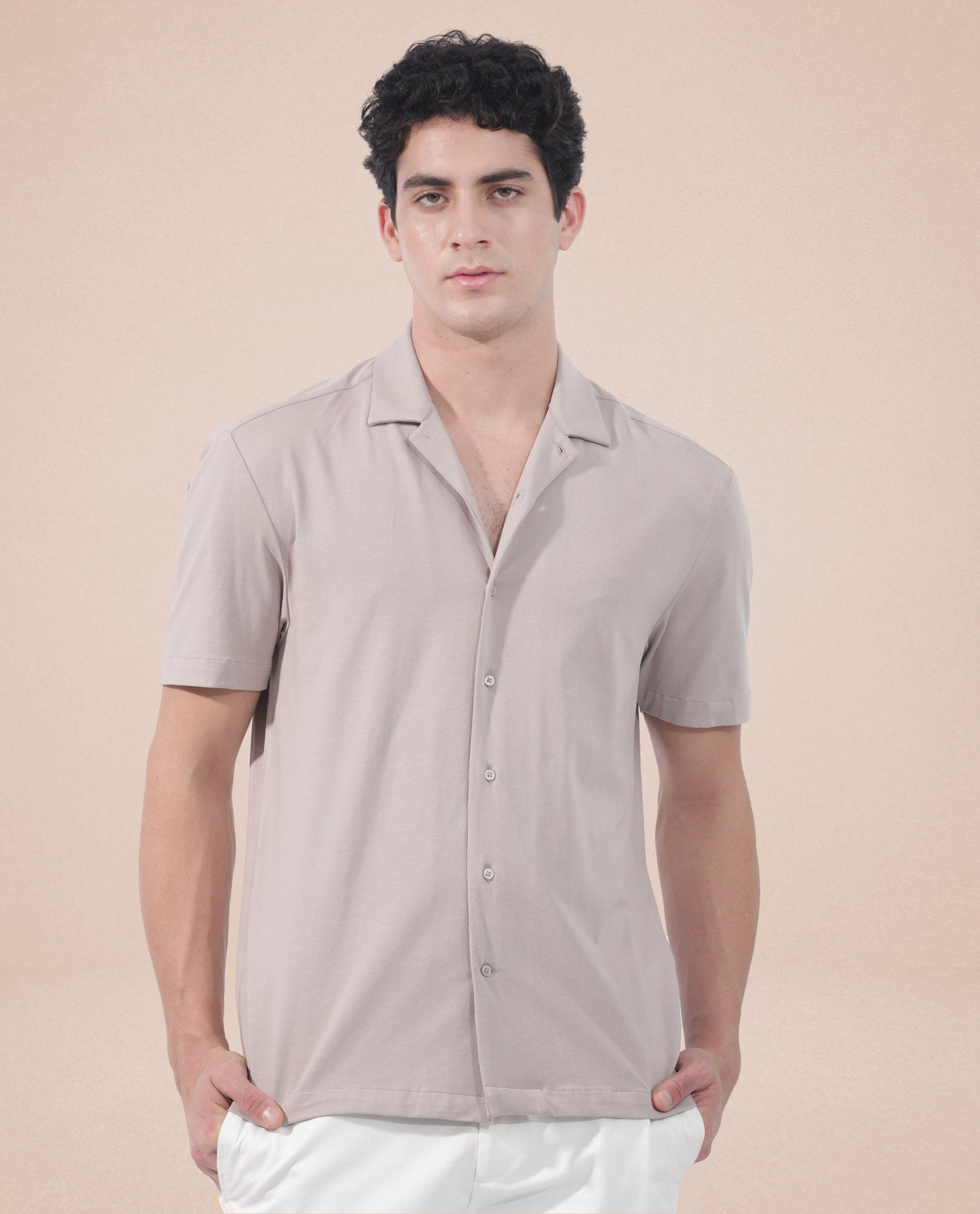 Rare Rabbit Men's Nick Beige Cotton Lycra Fabric Cuban Collar Half Sleeves Solid Shirt