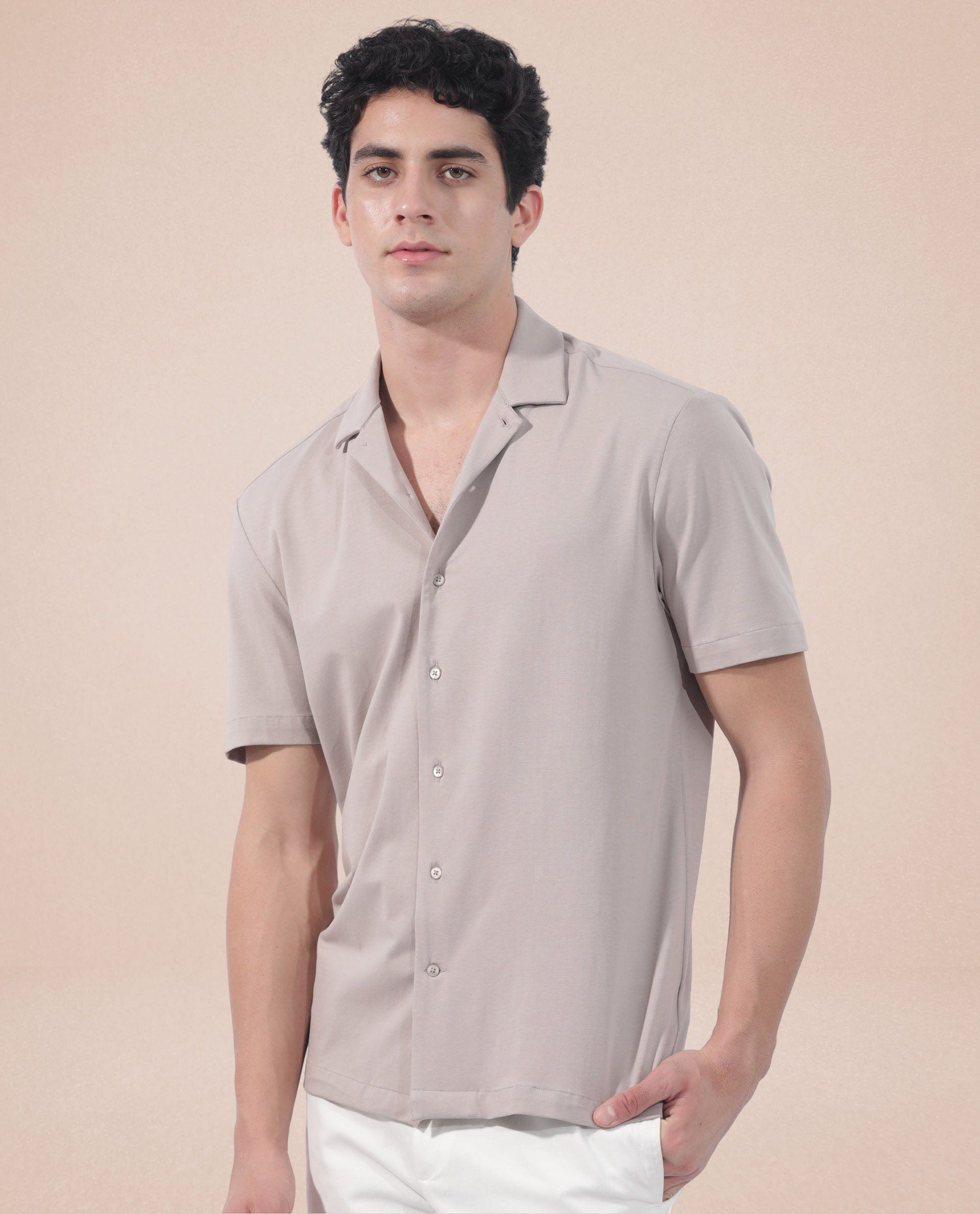 Rare Rabbit Men's Nick Beige Cotton Lycra Fabric Cuban Collar Half Sleeves Solid Shirt