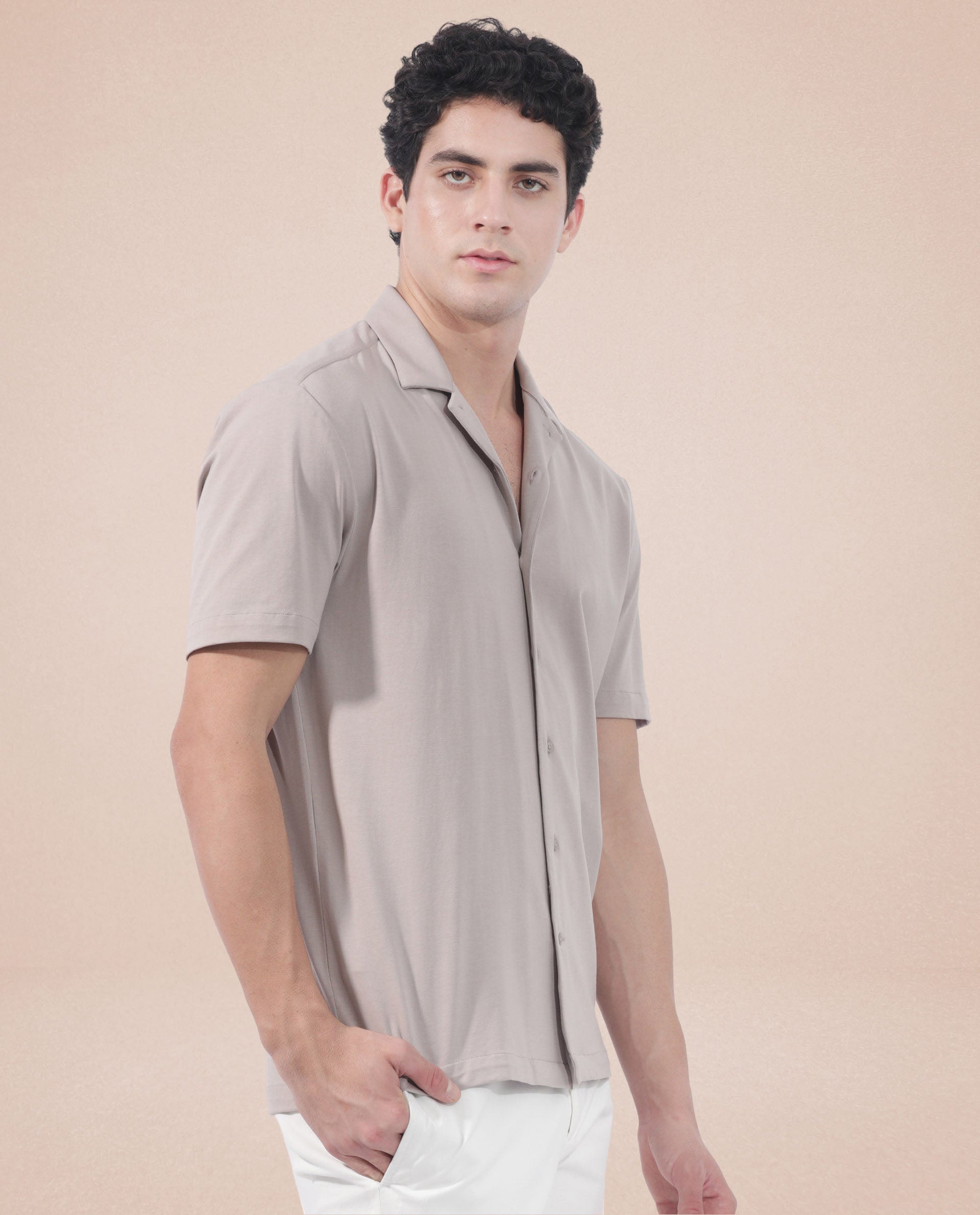 Rare Rabbit Men's Nick Beige Cotton Lycra Fabric Cuban Collar Half Sleeves Solid Shirt