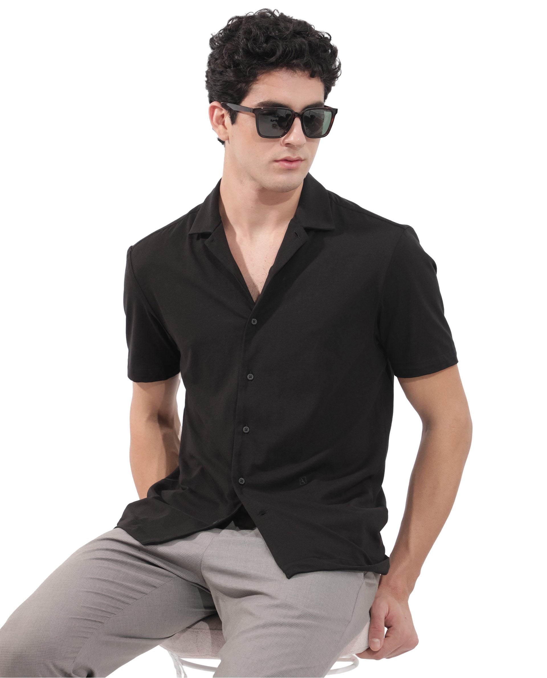 Rare Rabbit Men's Nick Black Cotton Lycra Fabric Cuban Collar Half Sleeves Solid Shirt