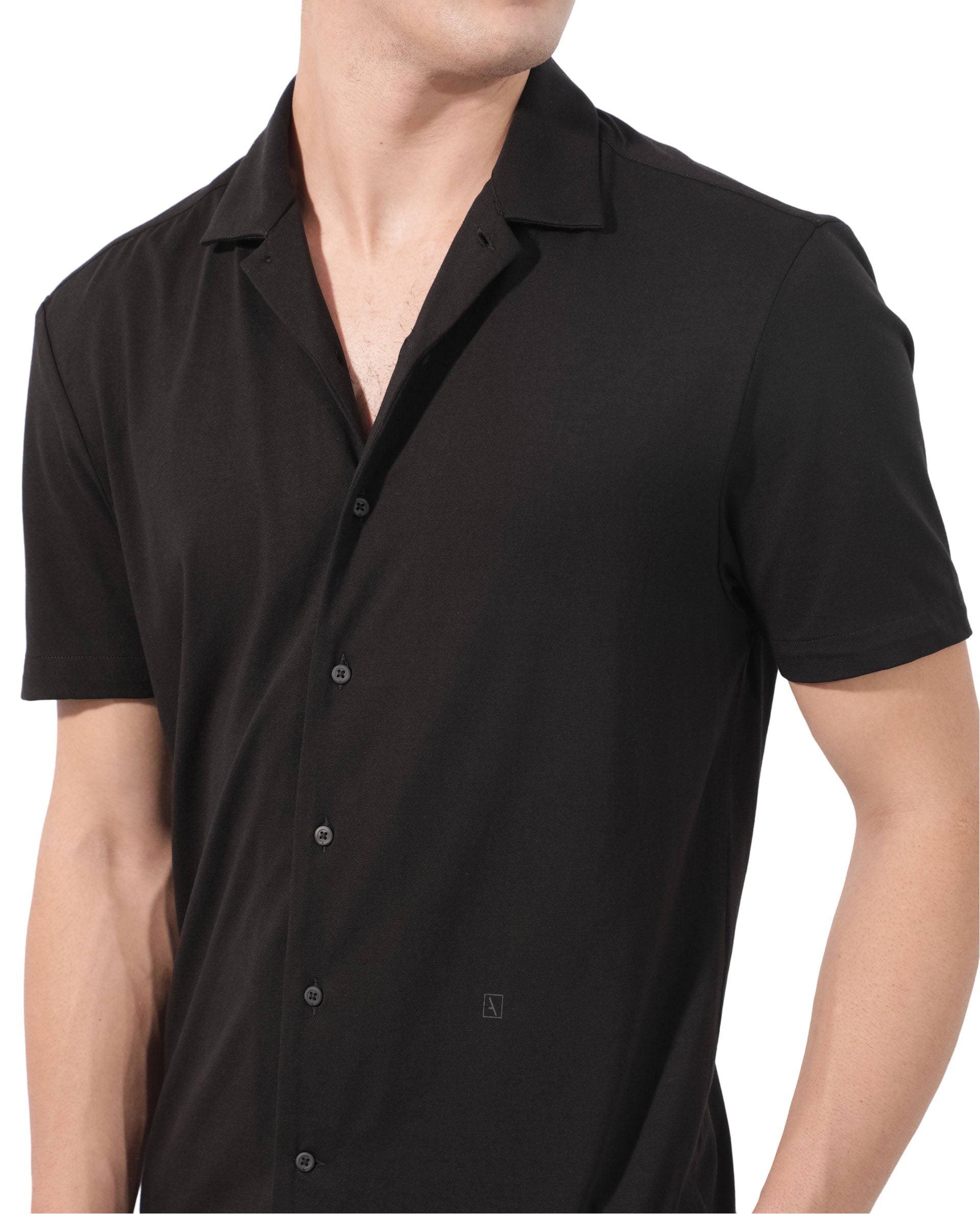 Rare Rabbit Men's Nick Black Cotton Lycra Fabric Cuban Collar Half Sleeves Solid Shirt