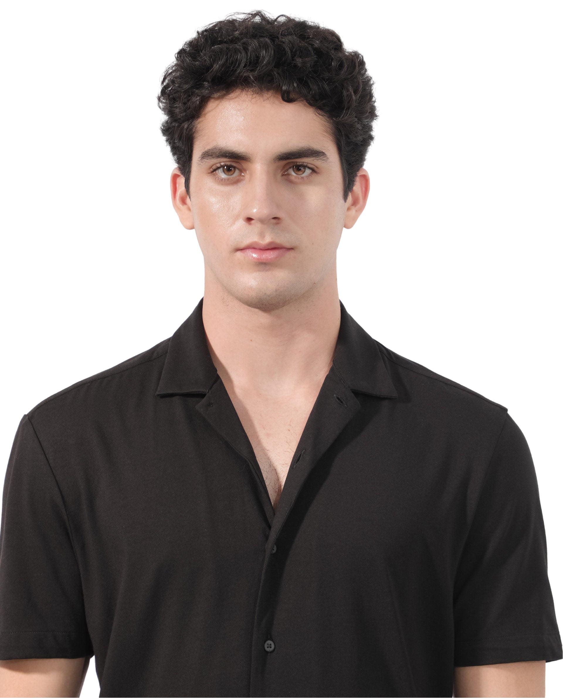 Rare Rabbit Men's Nick Black Cotton Lycra Fabric Cuban Collar Half Sleeves Solid Shirt