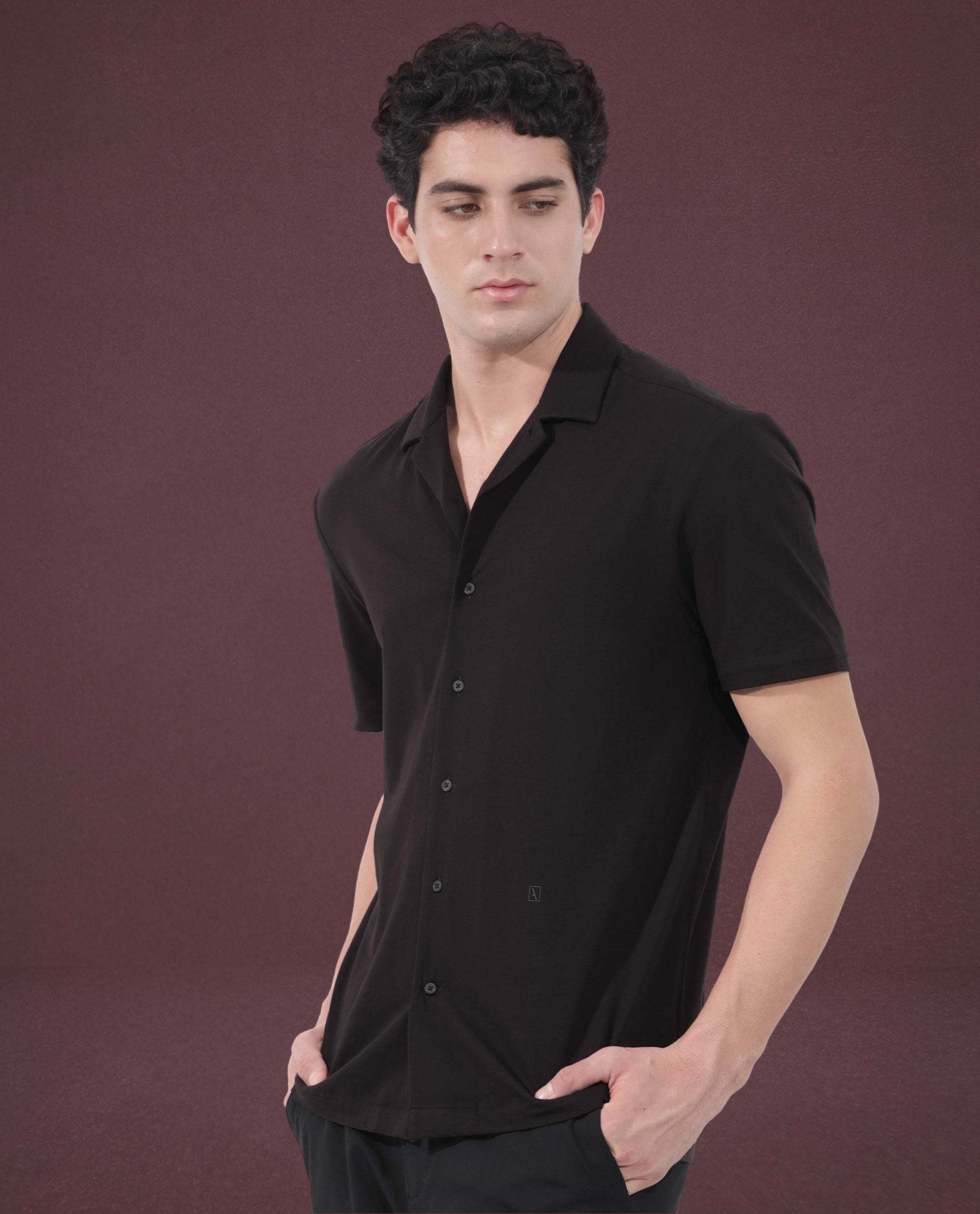 Rare Rabbit Men's Nick Dark Maroon Cotton Lycra Fabric Cuban Collar Half Sleeves Solid Shirt