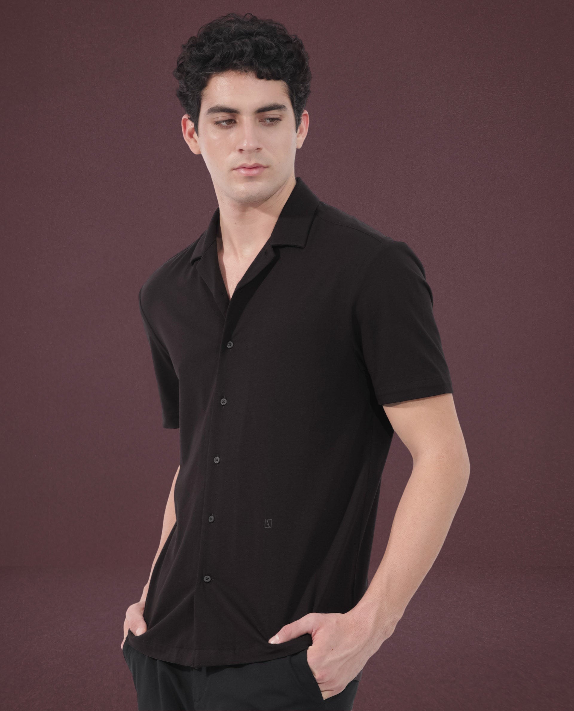 Rare Rabbit Men's Nick Dark Maroon Cotton Lycra Fabric Cuban Collar Half Sleeves Solid Shirt