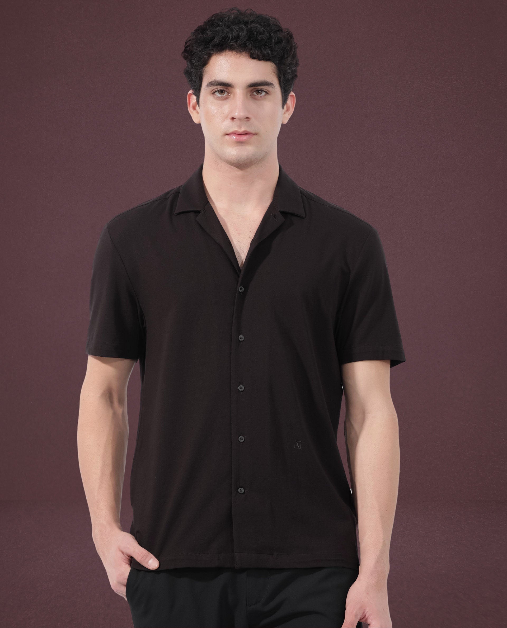 Rare Rabbit Men's Nick Dark Maroon Cotton Lycra Fabric Cuban Collar Half Sleeves Solid Shirt