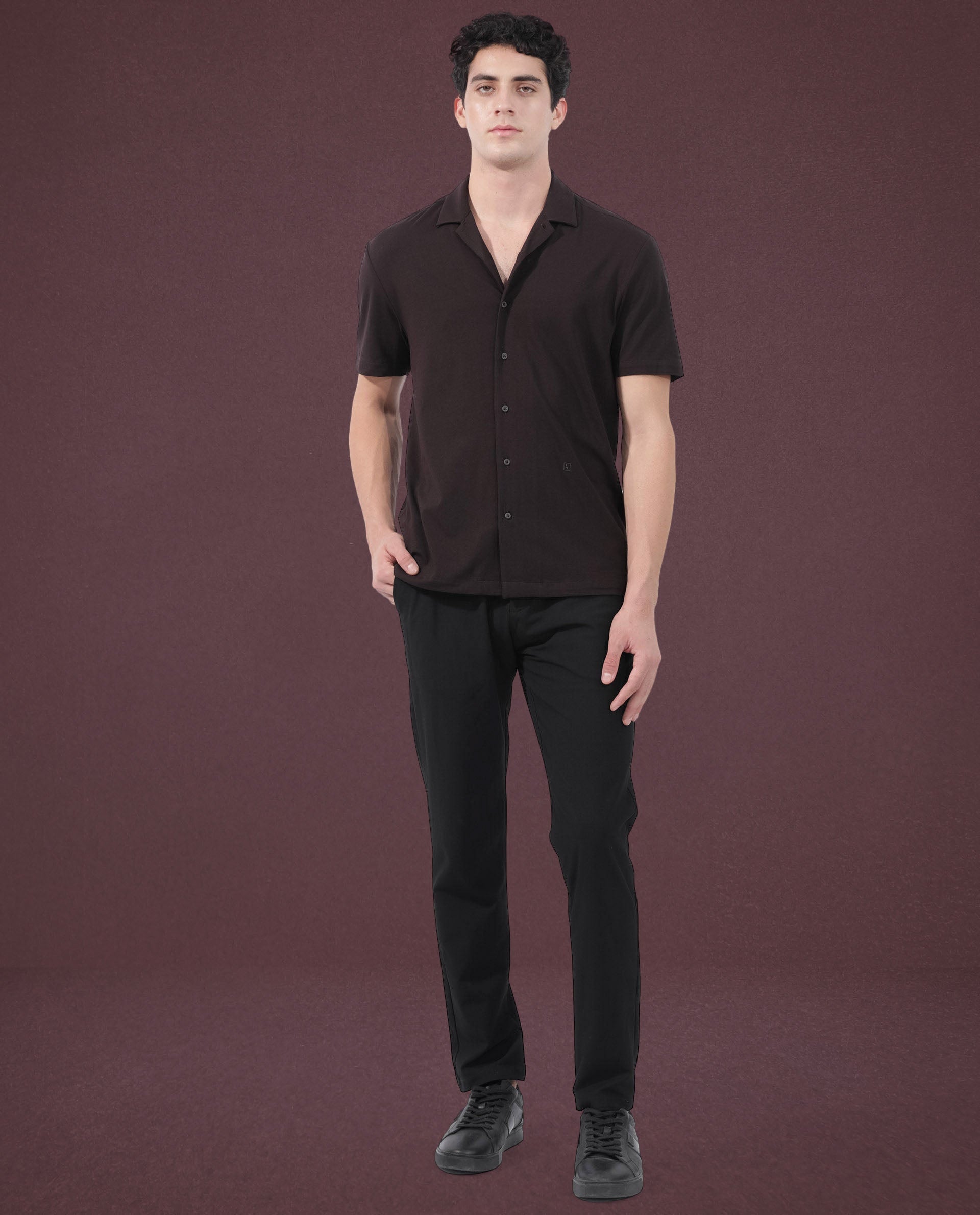 Rare Rabbit Men's Nick Dark Maroon Cotton Lycra Fabric Cuban Collar Half Sleeves Solid Shirt