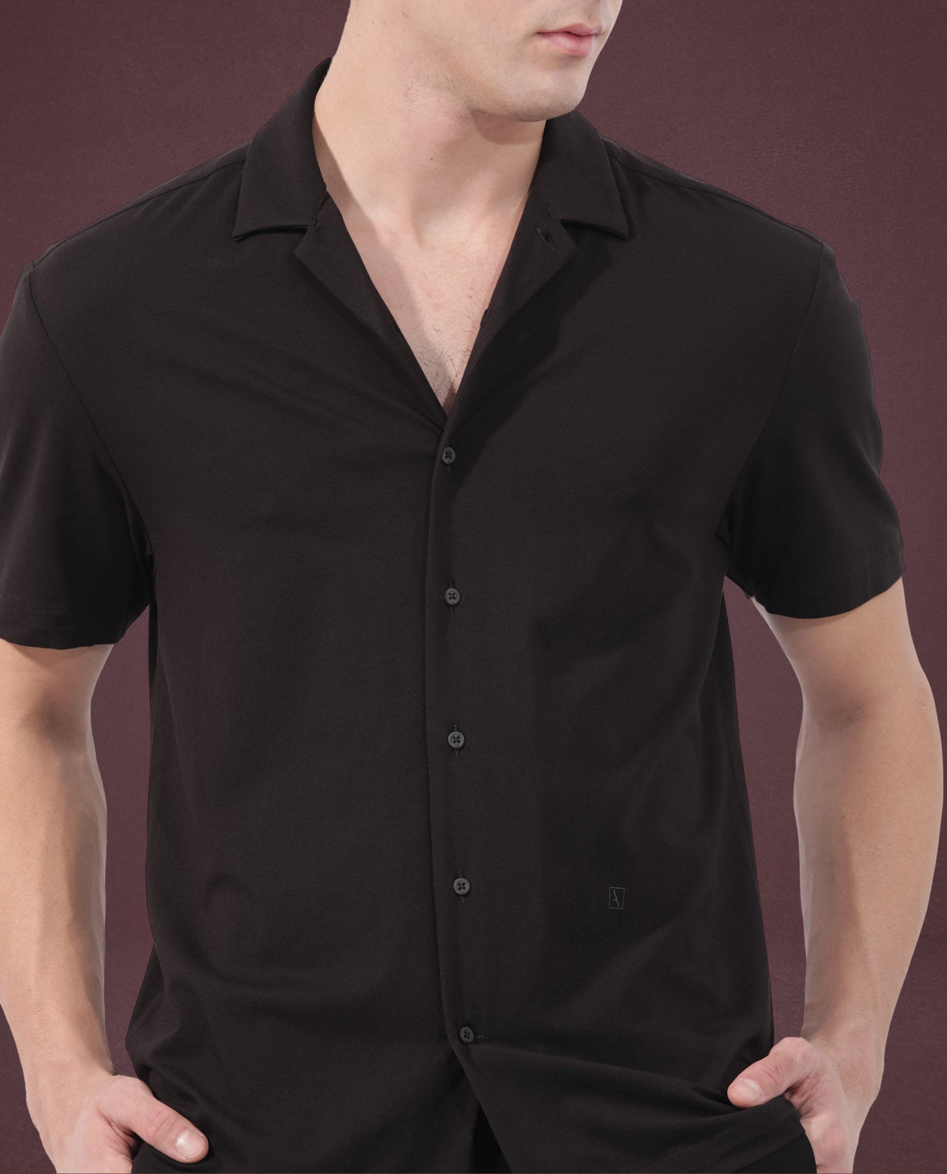 Rare Rabbit Men's Nick Dark Maroon Cotton Lycra Fabric Cuban Collar Half Sleeves Solid Shirt