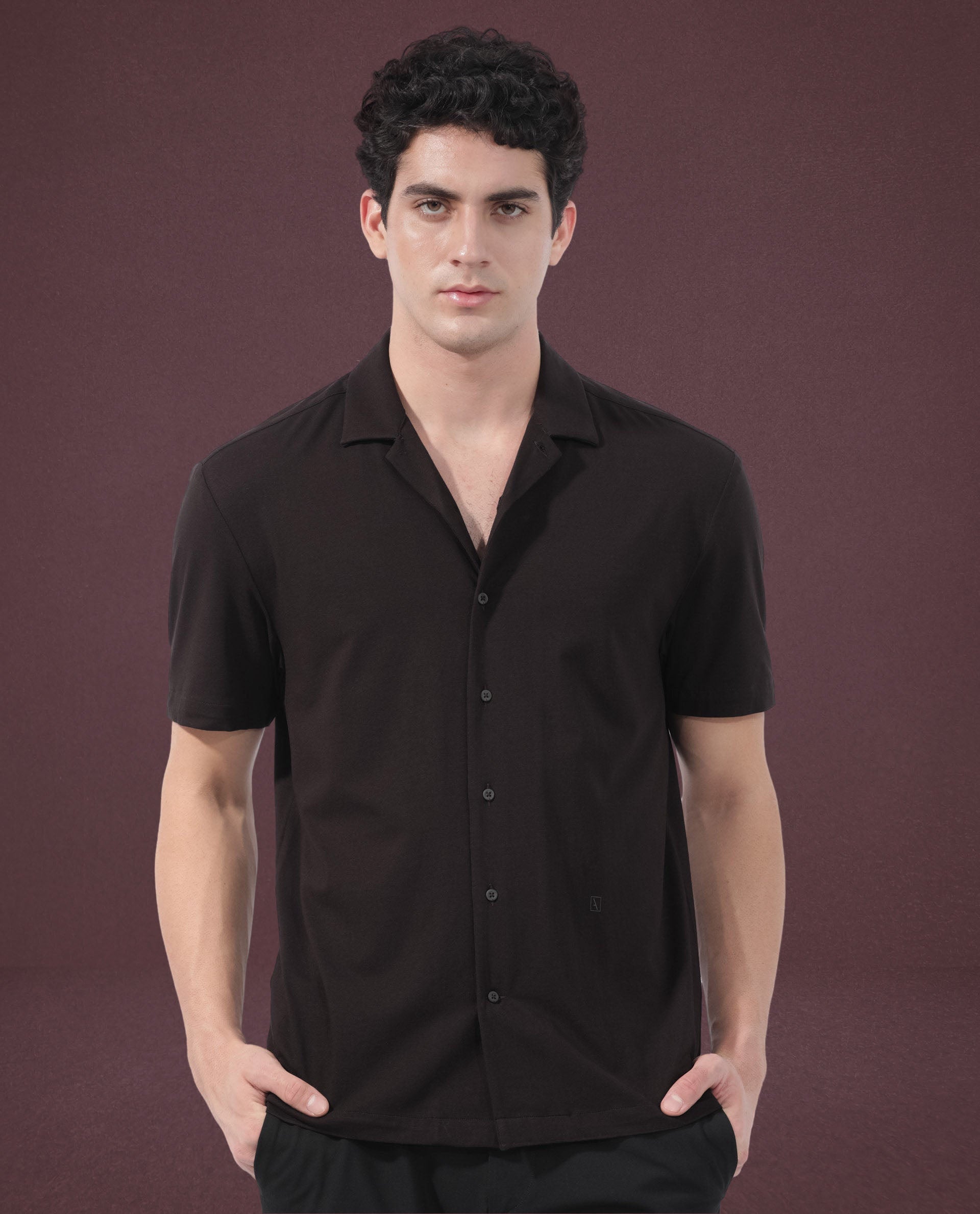 Rare Rabbit Men's Nick Dark Maroon Cotton Lycra Fabric Cuban Collar Half Sleeves Solid Shirt