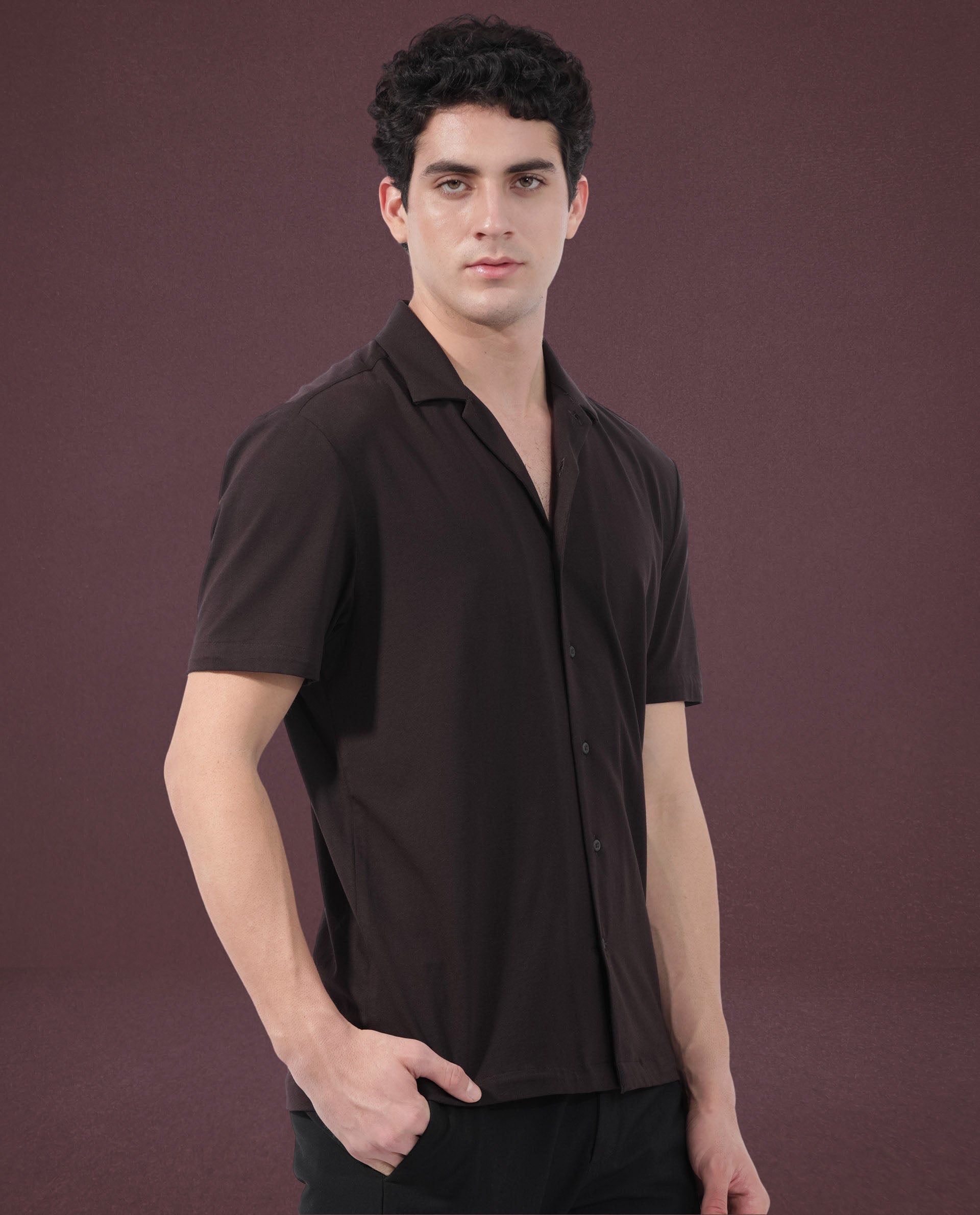 Rare Rabbit Men's Nick Dark Maroon Cotton Lycra Fabric Cuban Collar Half Sleeves Solid Shirt