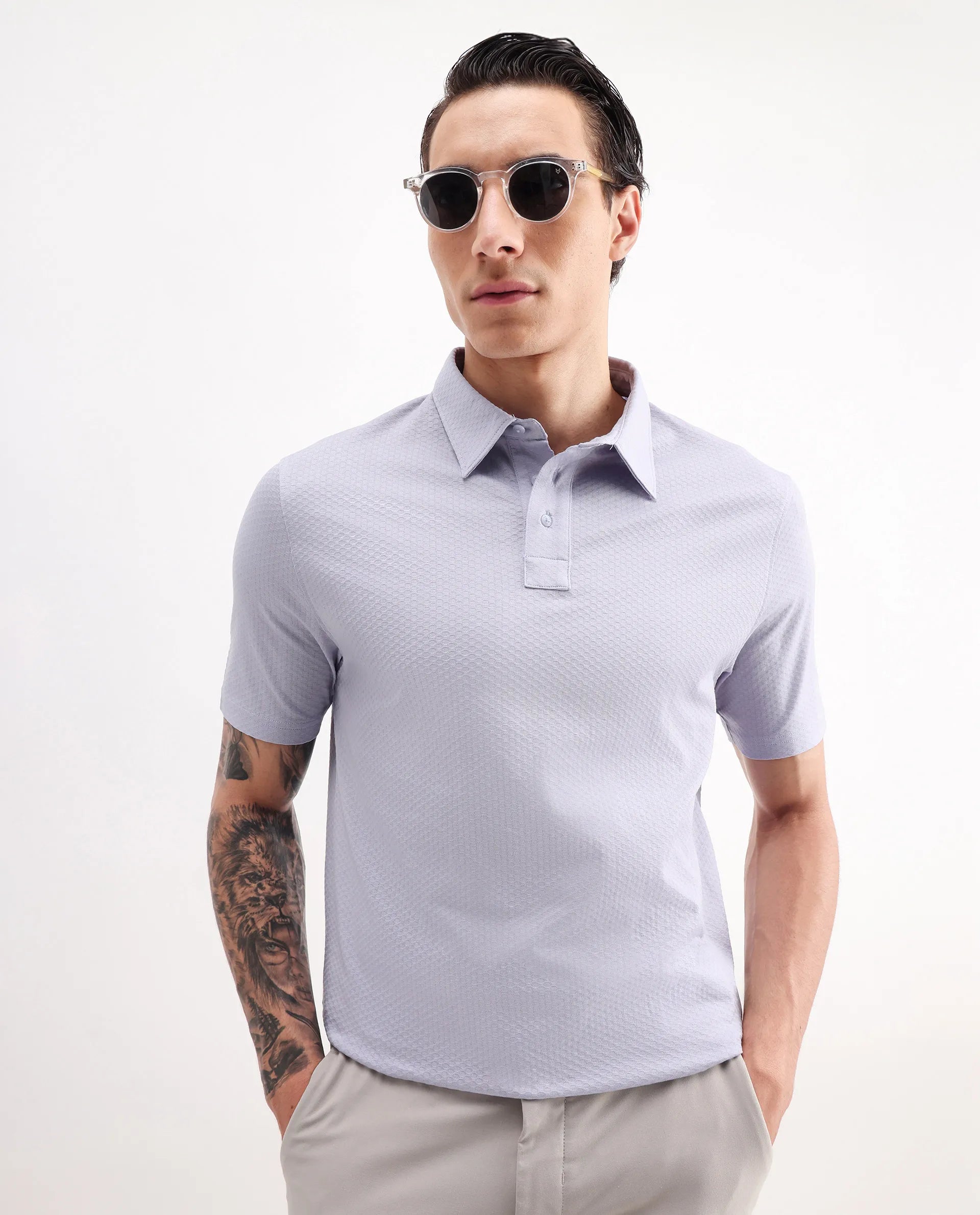 Rare Rabbit Men's Nielson Pastel Blue Cotton Textured Regular Fit Half Sleeve Polo