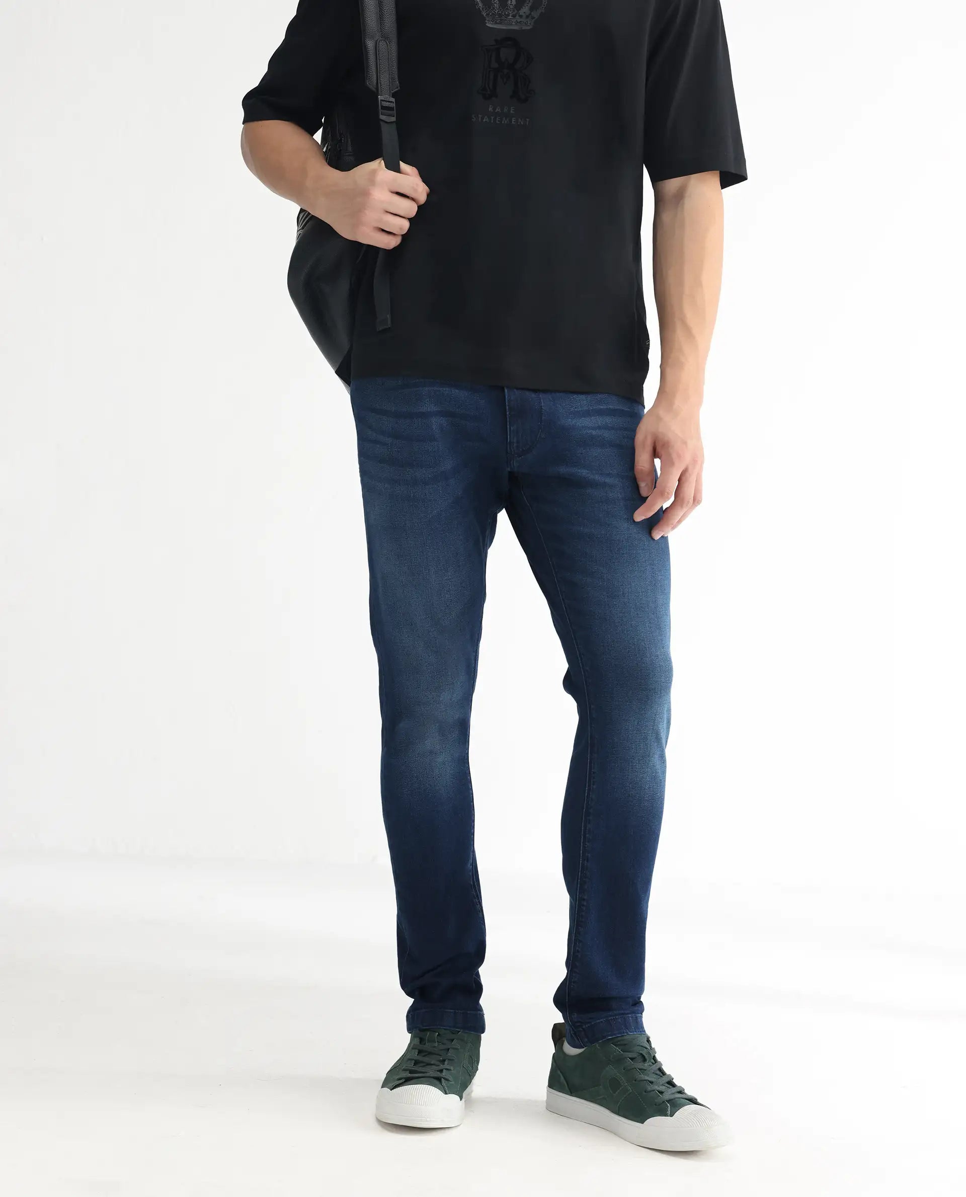 Rare Rabbit Men's Night Blue Cotton Plain Hawk Slim Fit Jeans