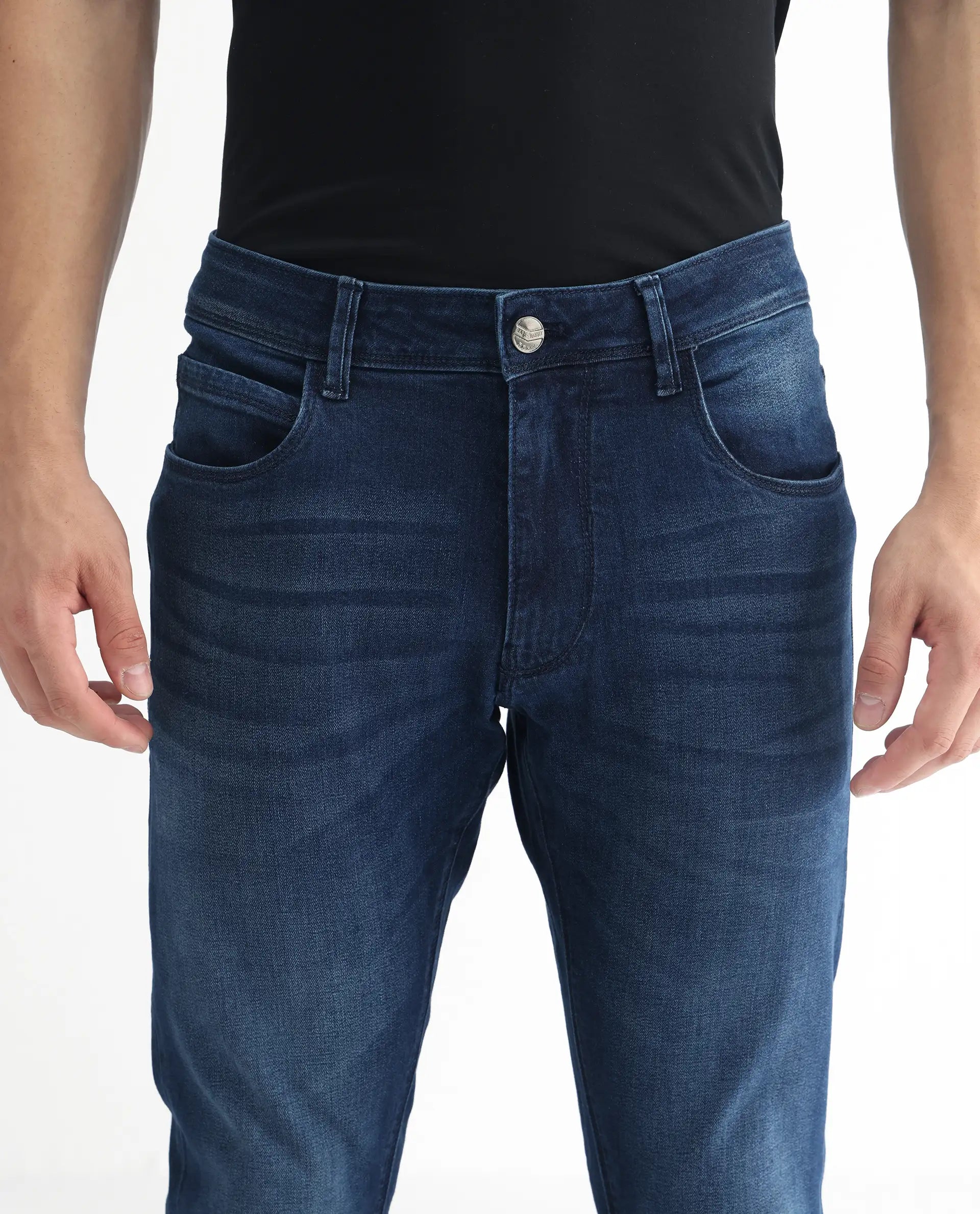 Rare Rabbit Men's Night Blue Cotton Plain Hawk Slim Fit Jeans