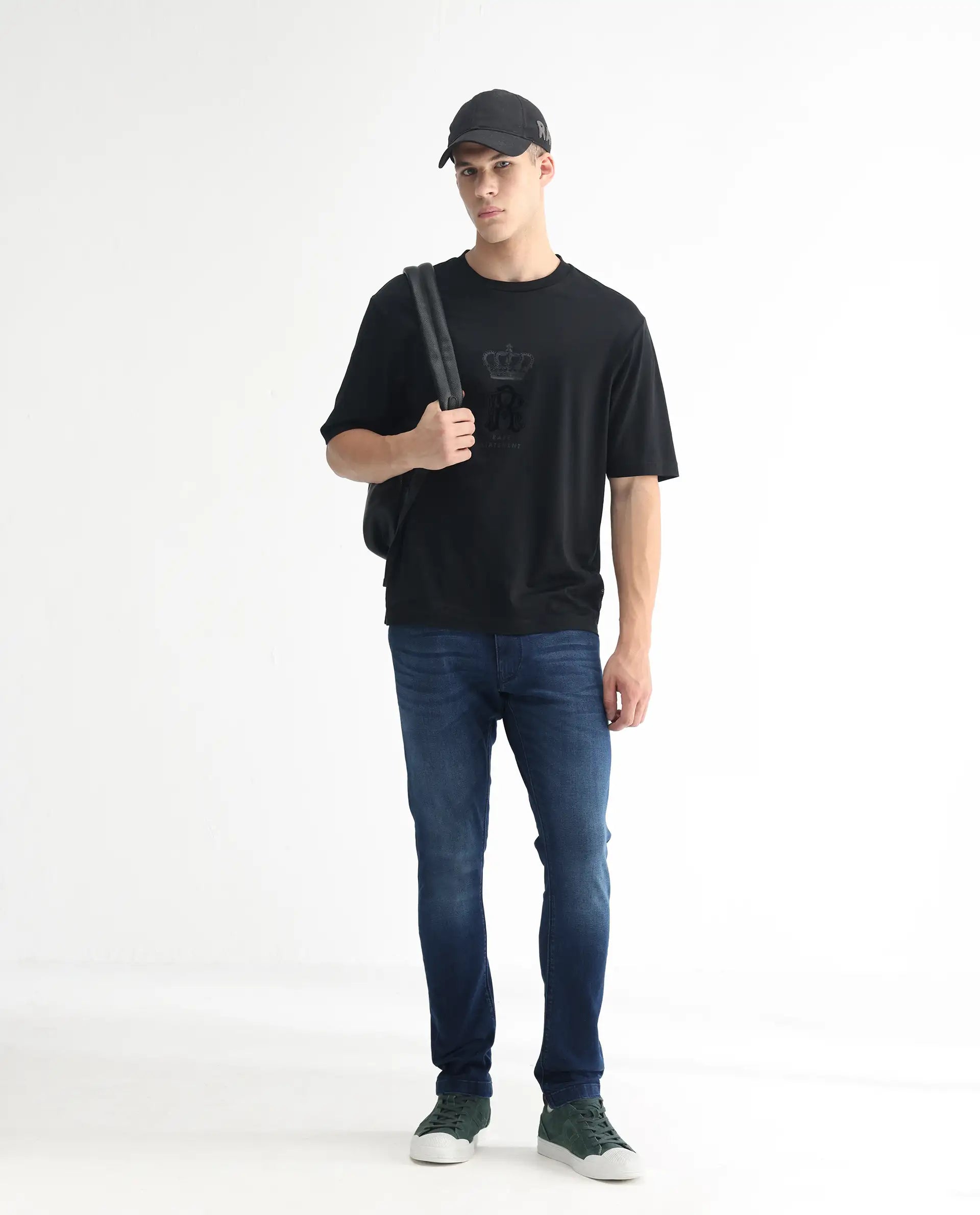 Rare Rabbit Men's Night Blue Cotton Plain Hawk Slim Fit Jeans