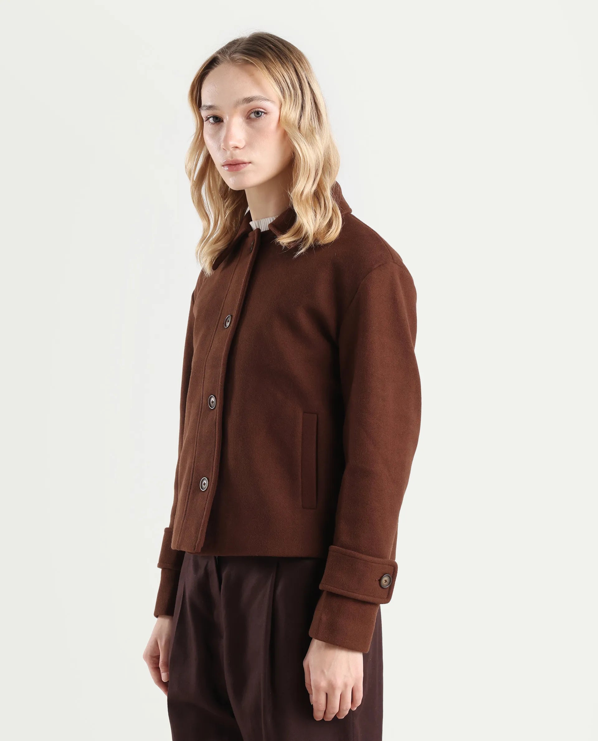 Rareism Women's Nikzo Brown Polyester Blend Spread Collar Regular Fit Jacket