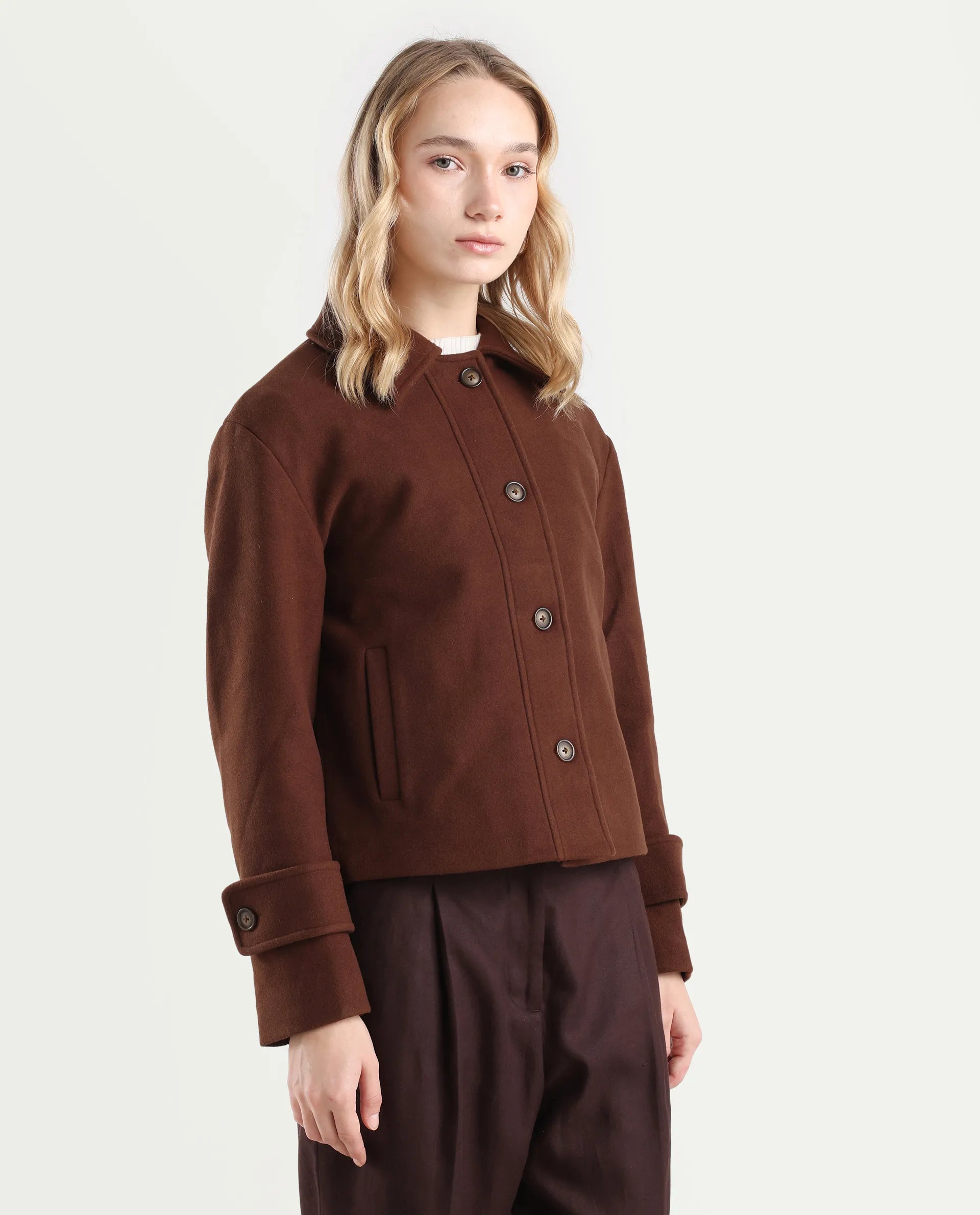 Rareism Women's Nikzo Brown Polyester Blend Spread Collar Regular Fit Jacket