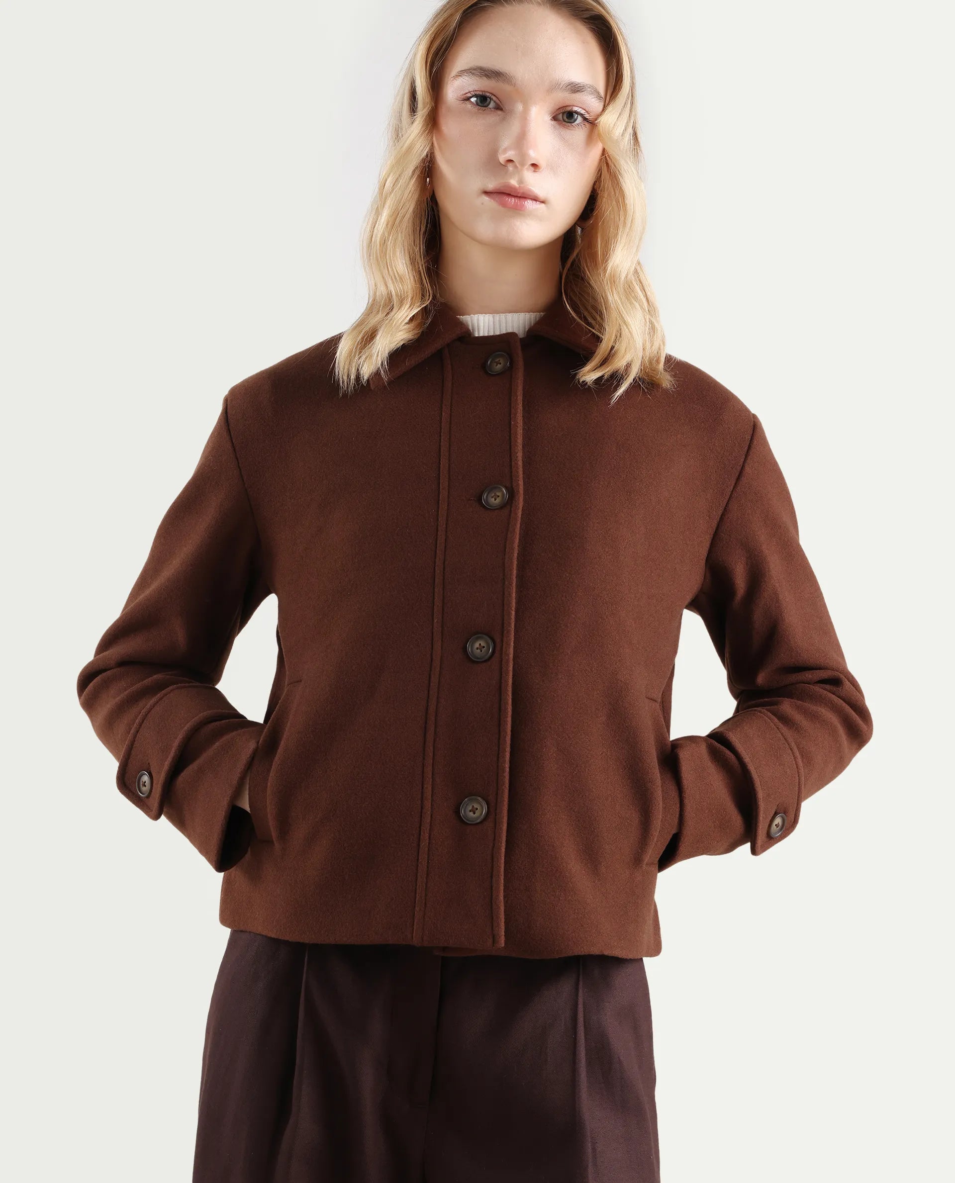 Rareism Women's Nikzo Brown Polyester Blend Spread Collar Regular Fit Jacket