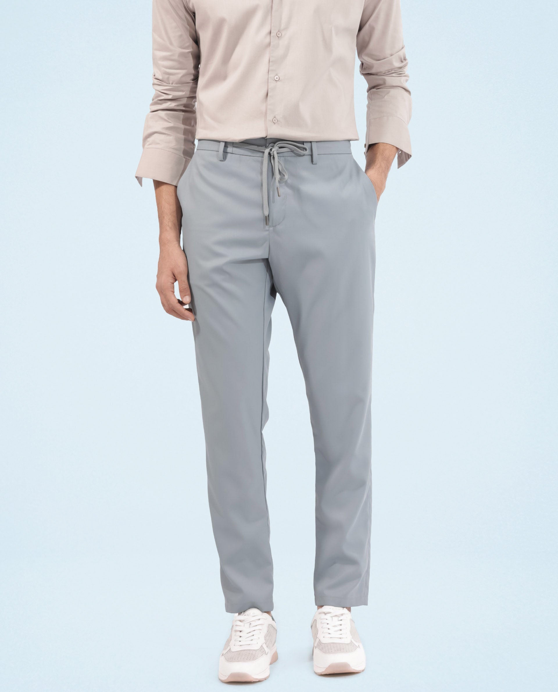 Rare Rabbit Men's Nimb Dusky Blue Polyester Fabric Drawstring And Button Closure High Rise Regular Fit Solid Trousers