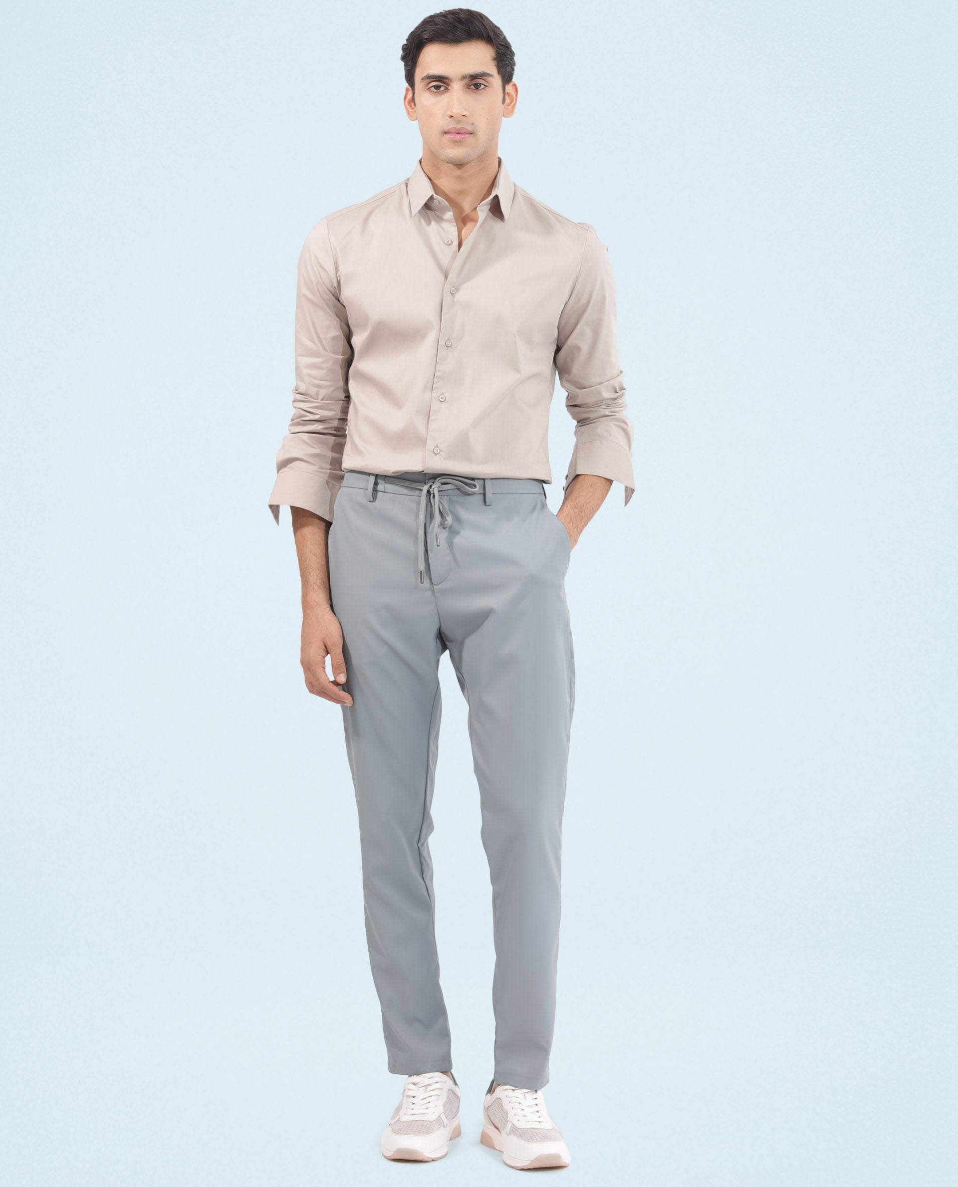 Rare Rabbit Men's Nimb Dusky Blue Polyester Fabric Drawstring And Button Closure High Rise Regular Fit Solid Trousers