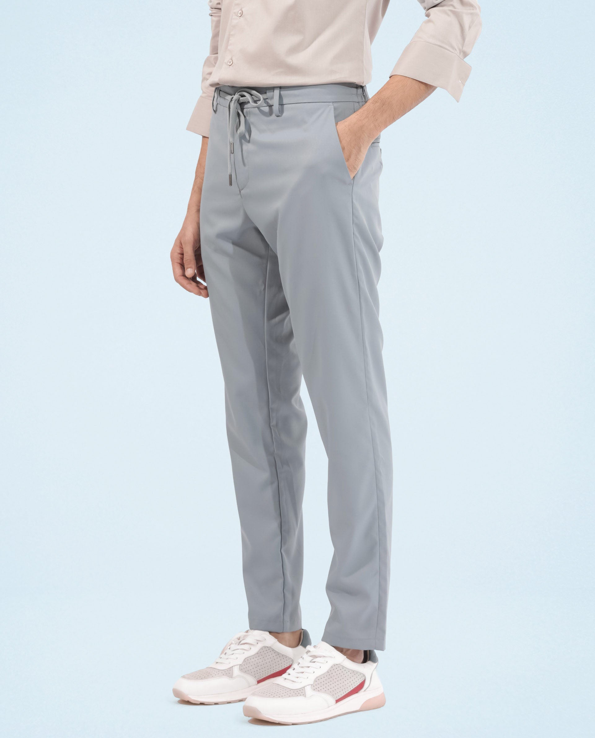 Rare Rabbit Men's Nimb Dusky Blue Polyester Fabric Drawstring And Button Closure High Rise Regular Fit Solid Trousers