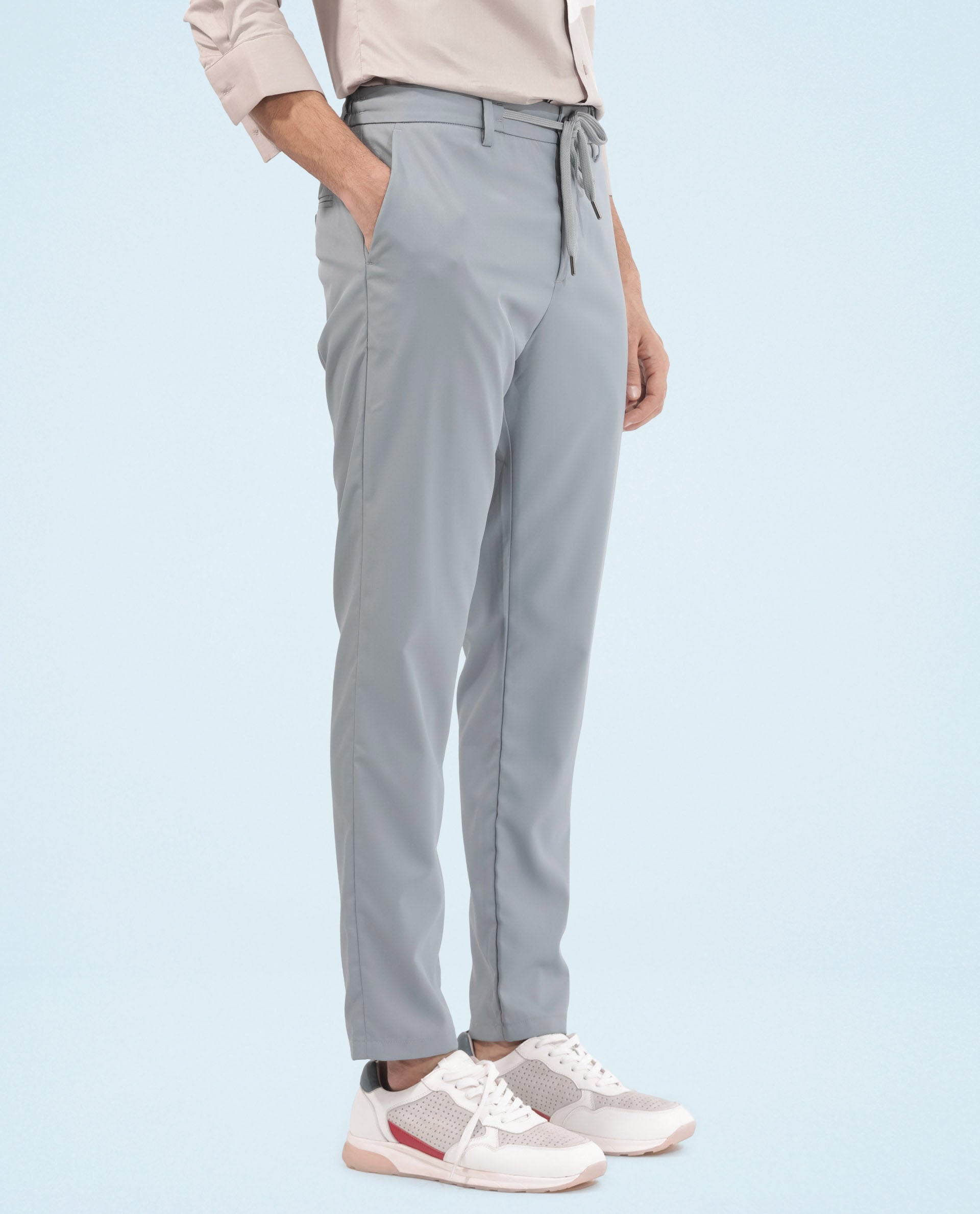 Rare Rabbit Men's Nimb Dusky Blue Polyester Fabric Drawstring And Button Closure High Rise Regular Fit Solid Trousers