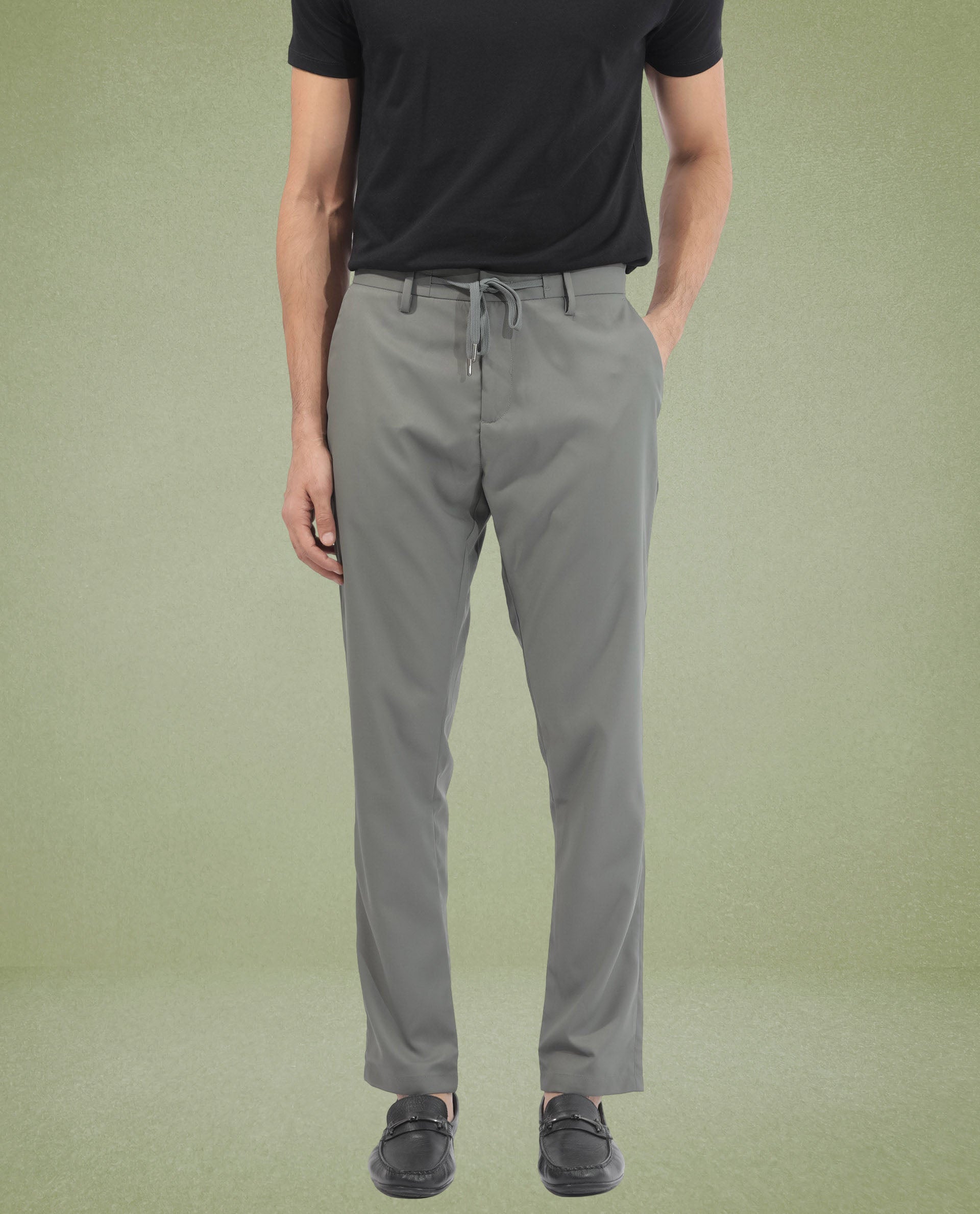 Rare Rabbit Men's Nimb Dusky Green Polyester Fabric Drawstring And Button Closure High Rise Regular Fit Solid Trousers