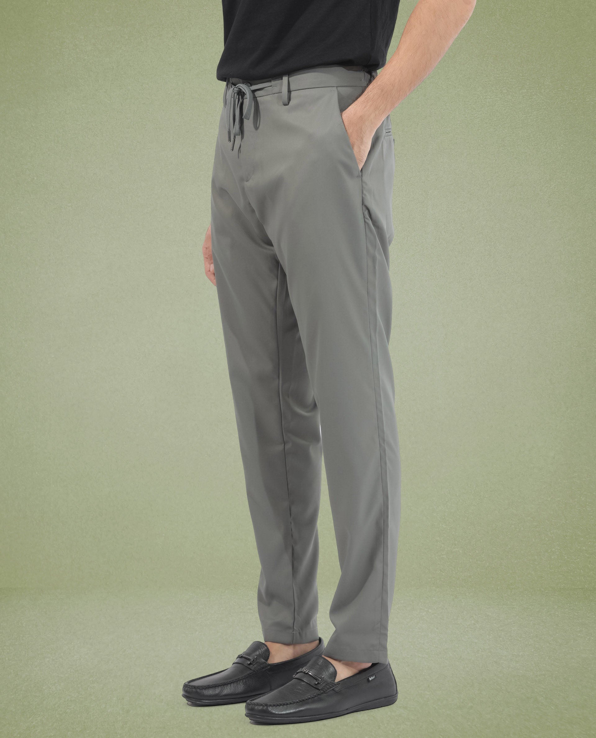 Rare Rabbit Men's Nimb Dusky Green Polyester Fabric Drawstring And Button Closure High Rise Regular Fit Solid Trousers