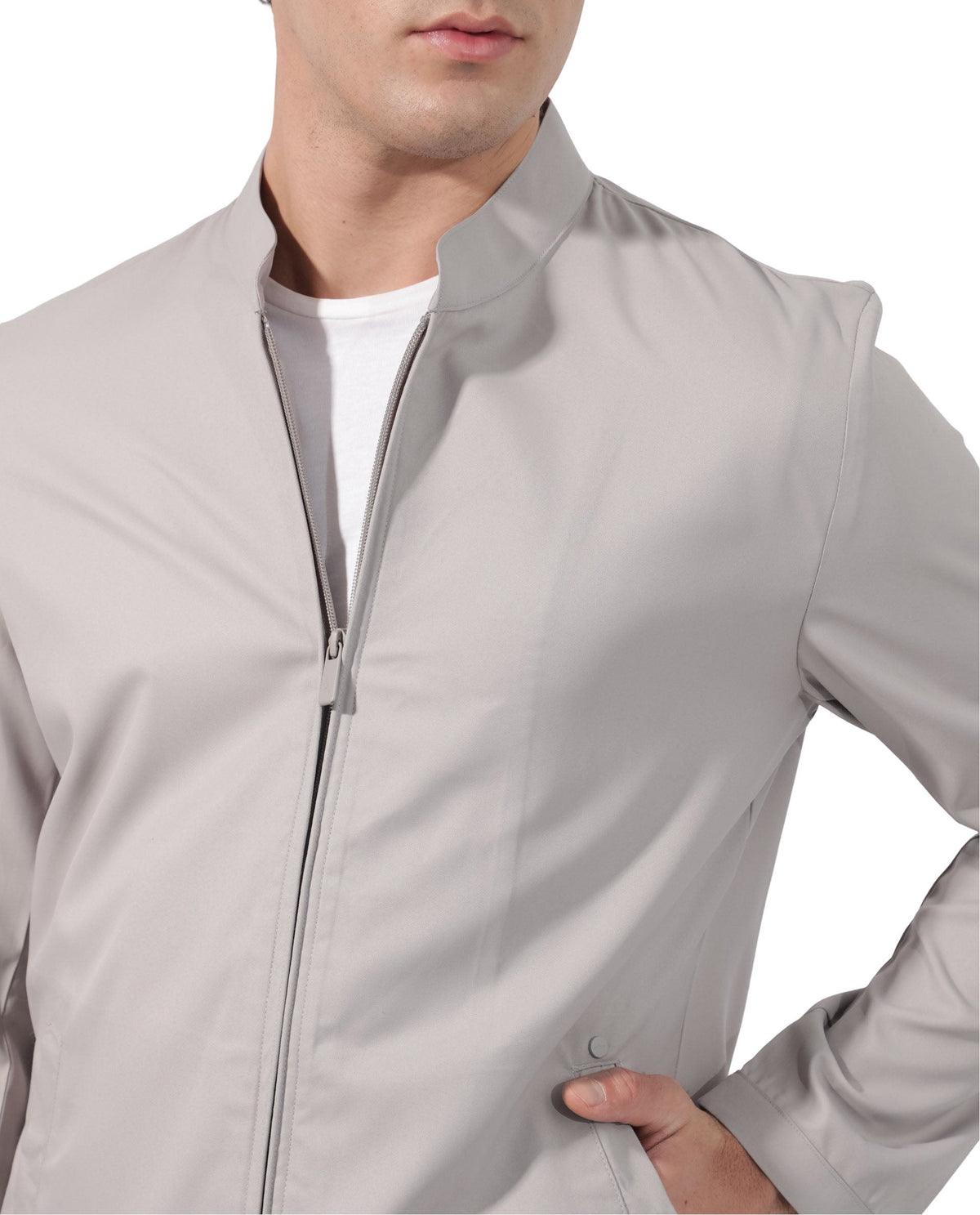 Rare Rabbit Men's Nimbus Light Grey Plain Mandarin Collar Smart Twill Jacket
