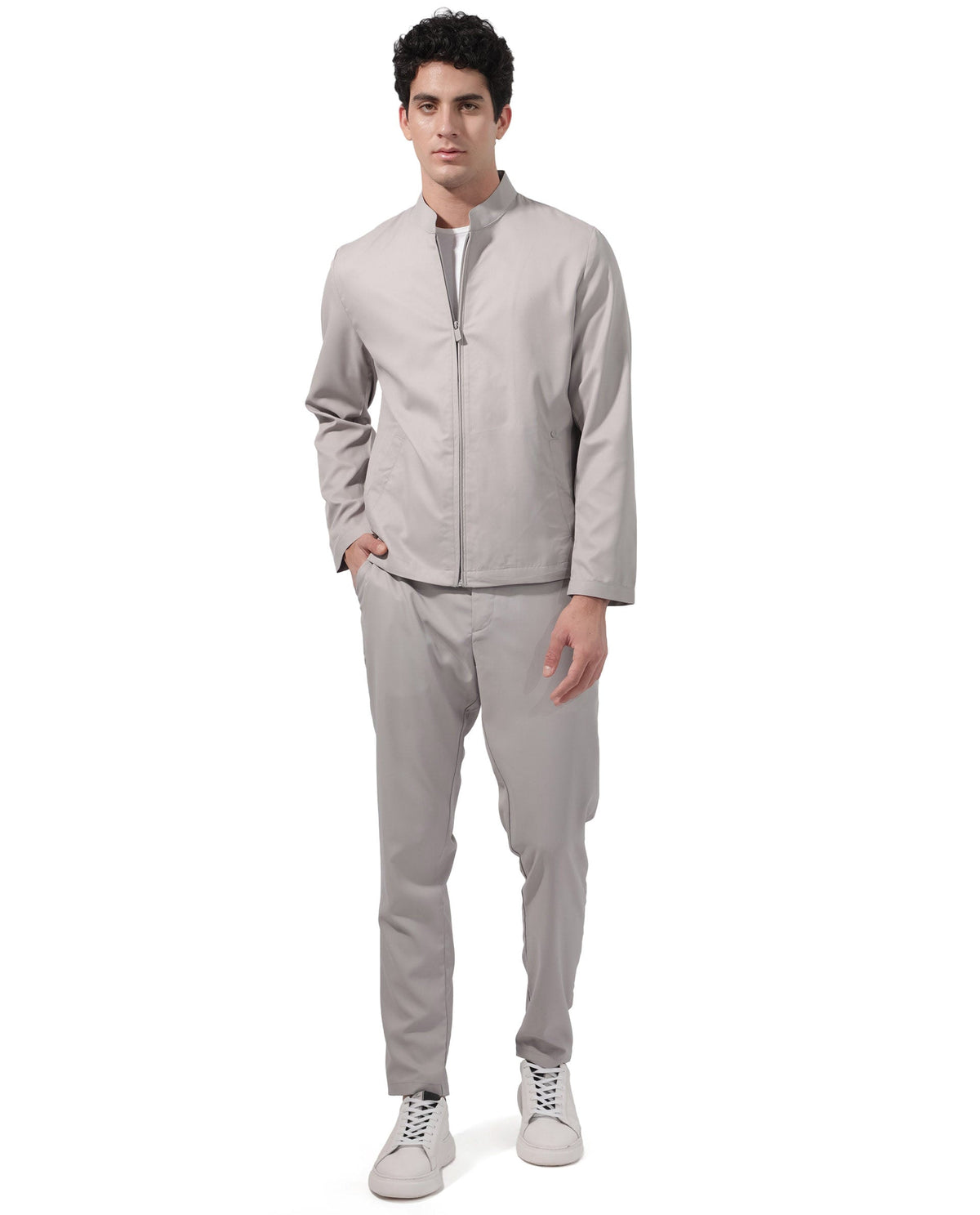 Rare Rabbit Men's Nimbus Light Grey Plain Mandarin Collar Smart Twill Jacket
