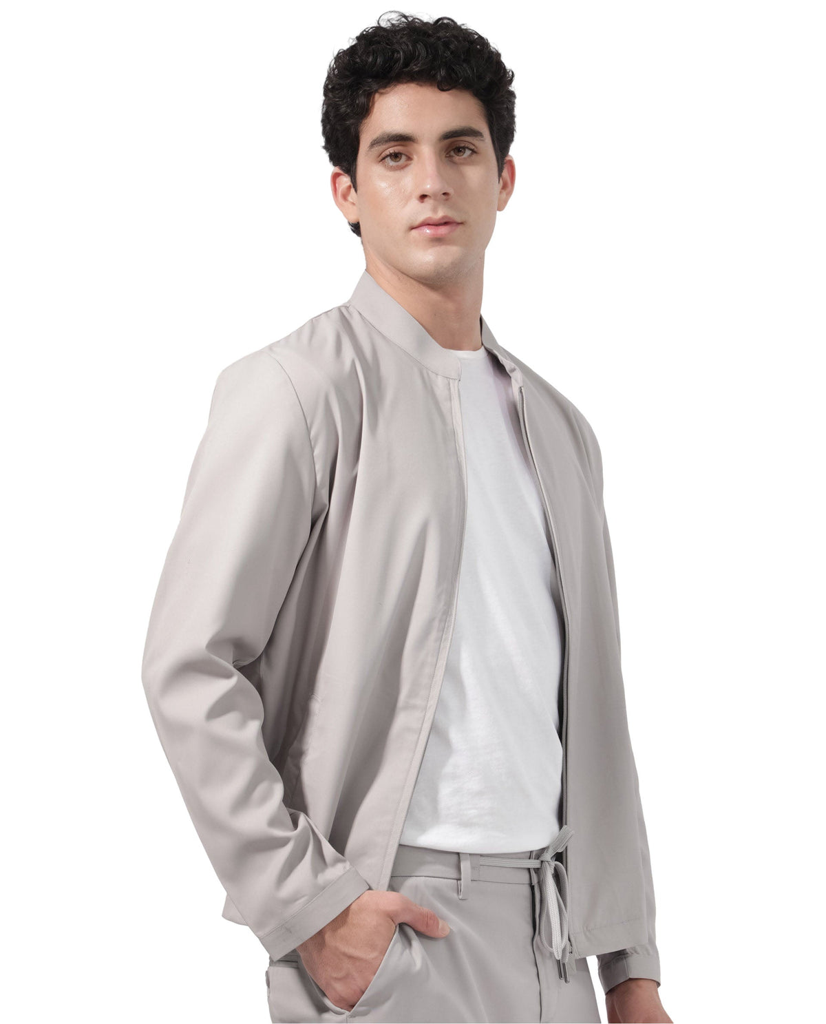 Rare Rabbit Men's Nimbus Light Grey Plain Mandarin Collar Smart Twill Jacket