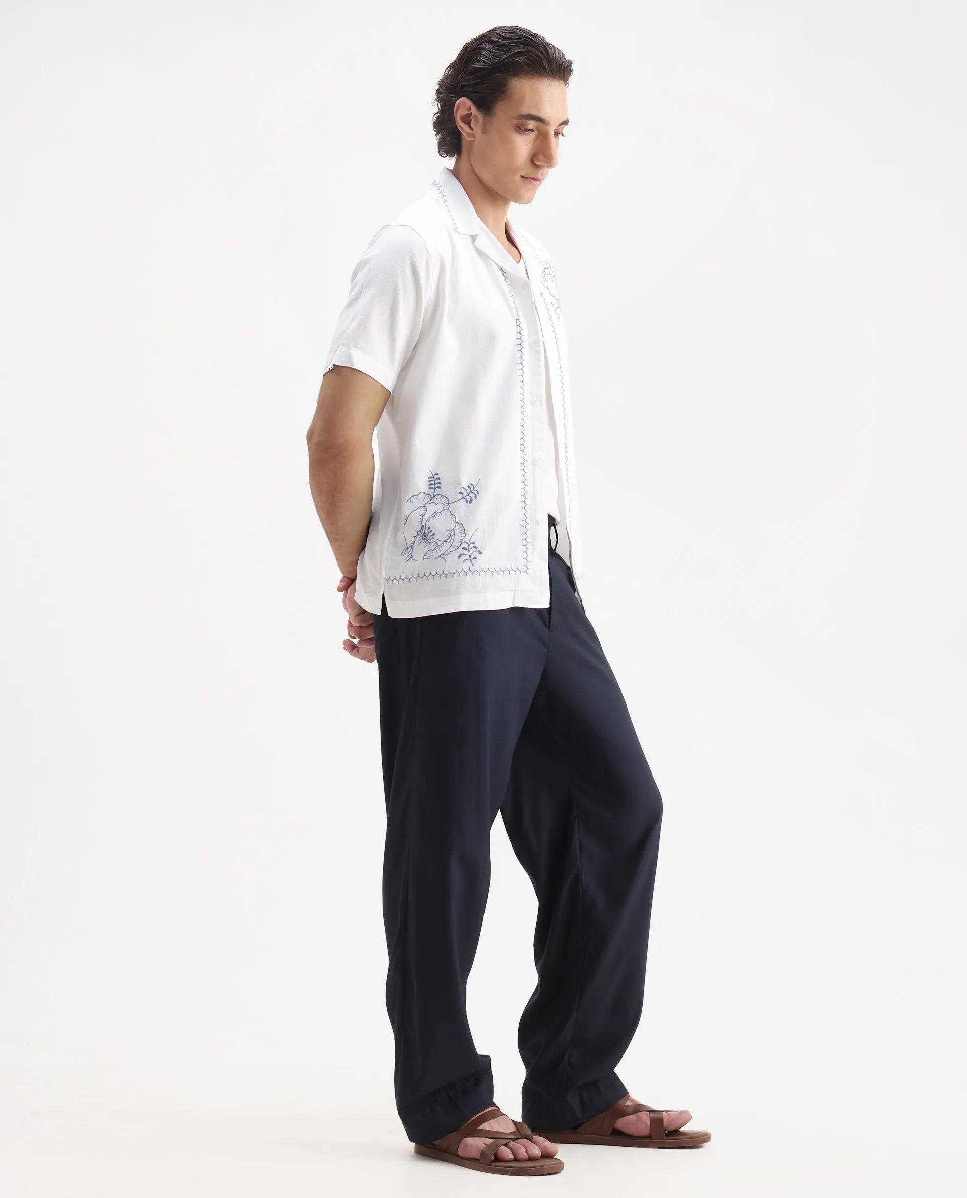 Rare Rabbit Men's Niort White Cotton Embroidered Relaxed Fit Half Sleeve Cuban Collar Shirt