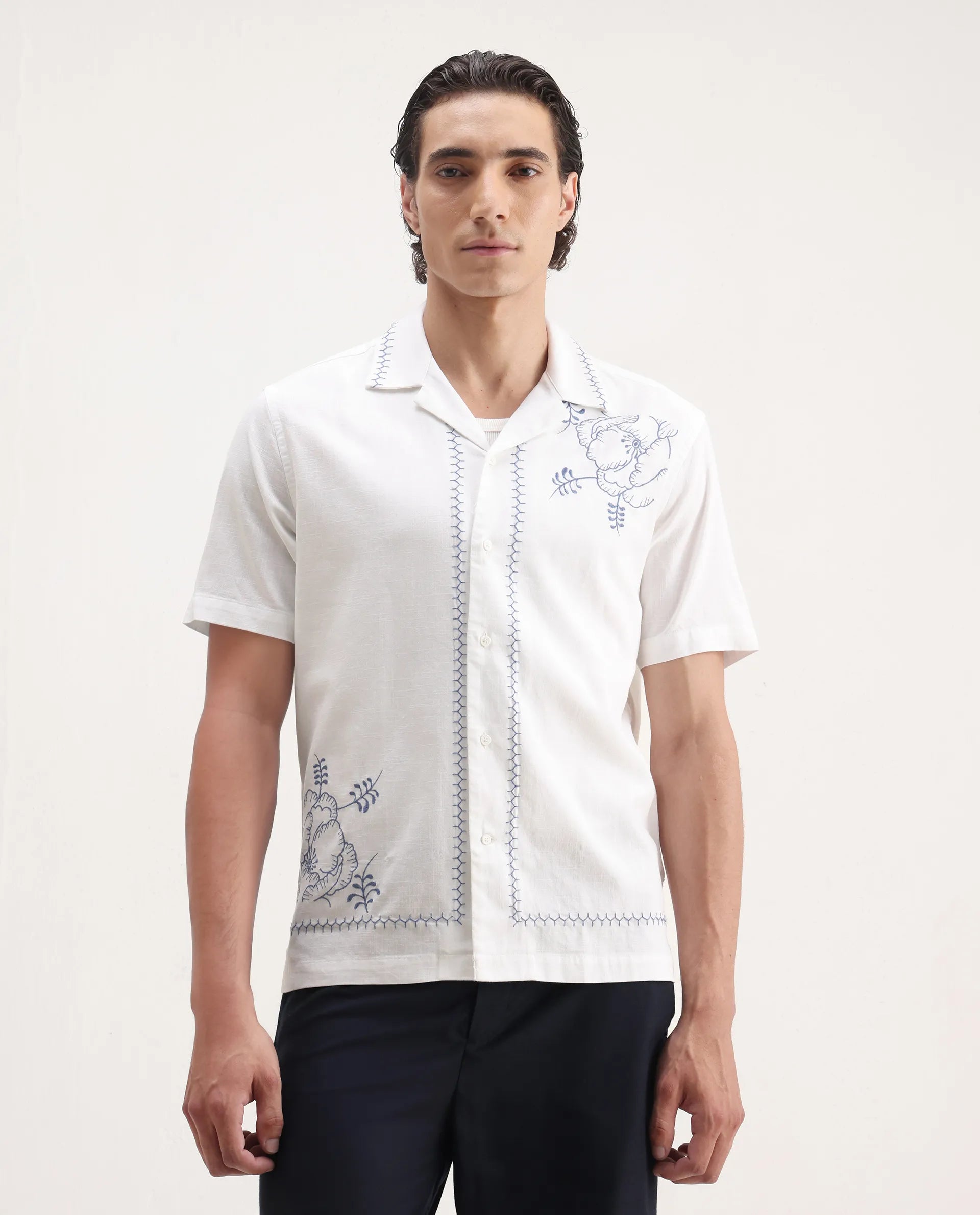 Rare Rabbit Men's Niort White Cotton Embroidered Relaxed Fit Half Sleeve Cuban Collar Shirt
