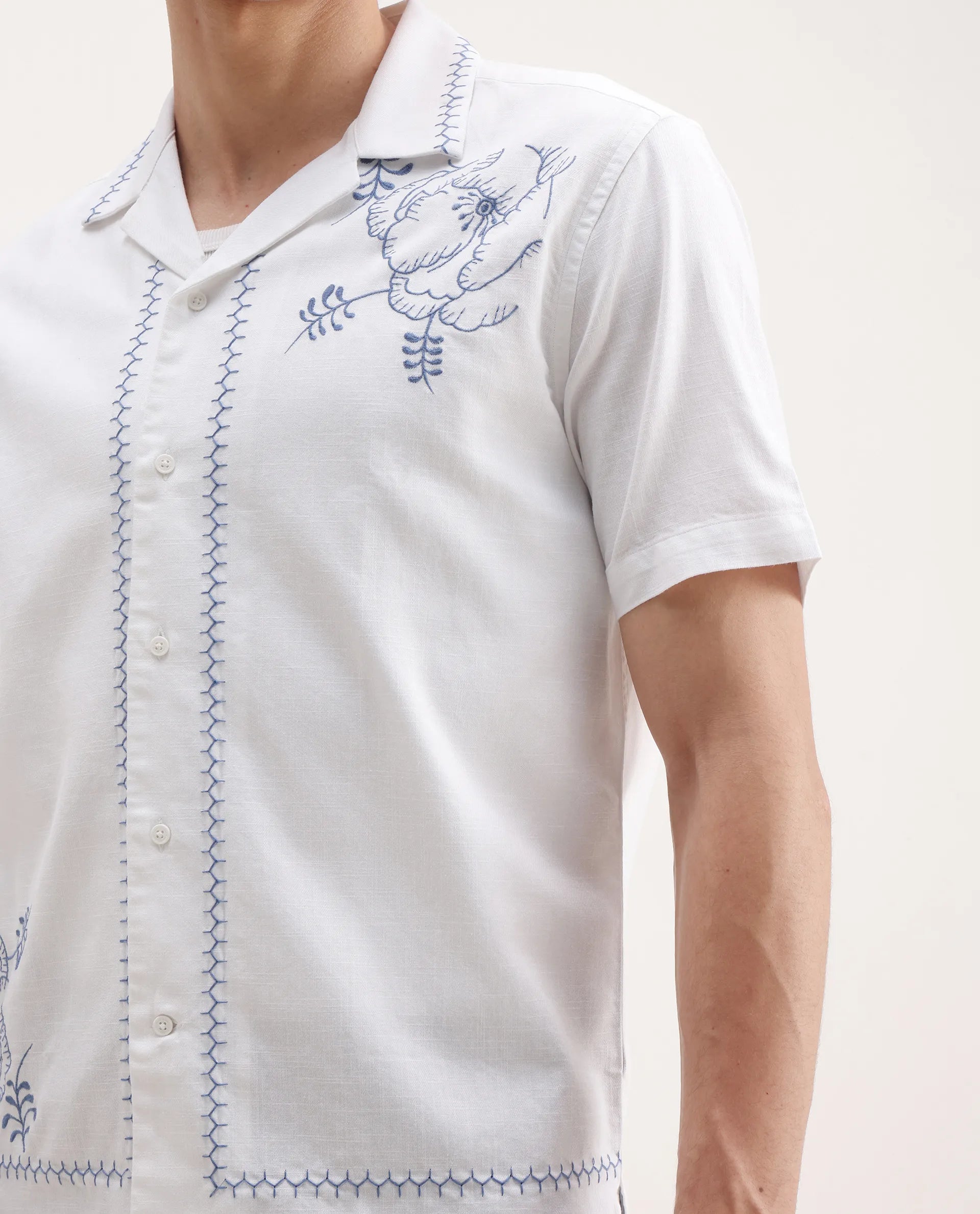 Rare Rabbit Men's Niort White Cotton Embroidered Relaxed Fit Half Sleeve Cuban Collar Shirt