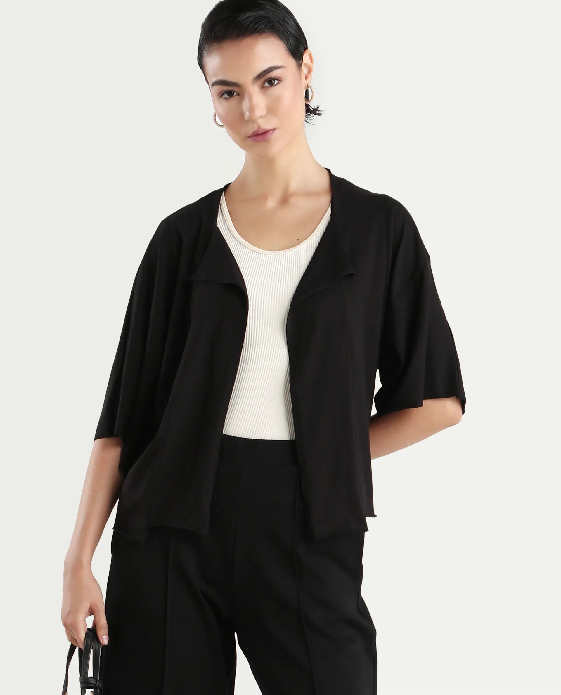 Rareism Women's Nirv Black Cotton Collarless Plain Relaxed Fit Shrug