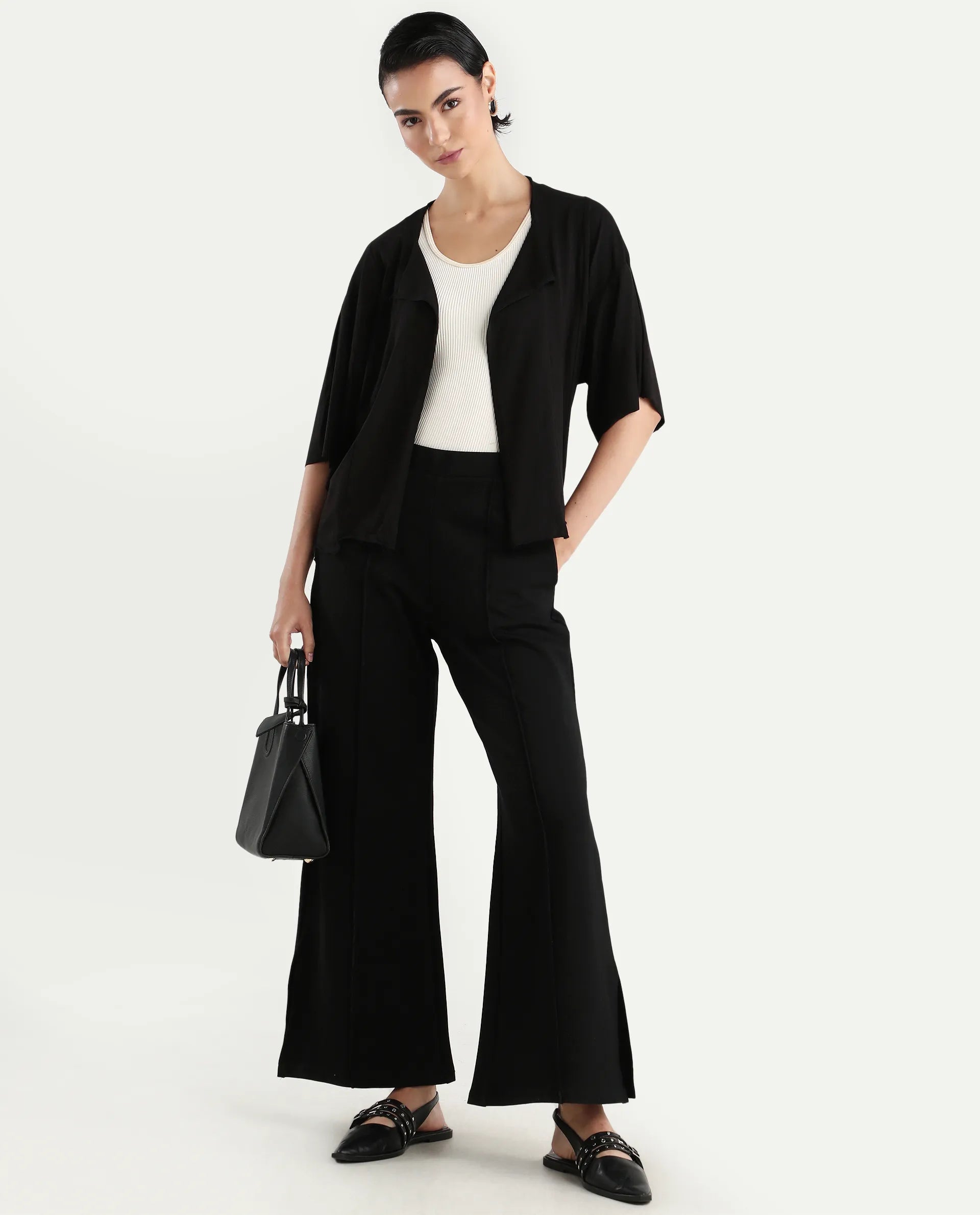 Rareism Women's Nirv Black Cotton Collarless Plain Relaxed Fit Shrug