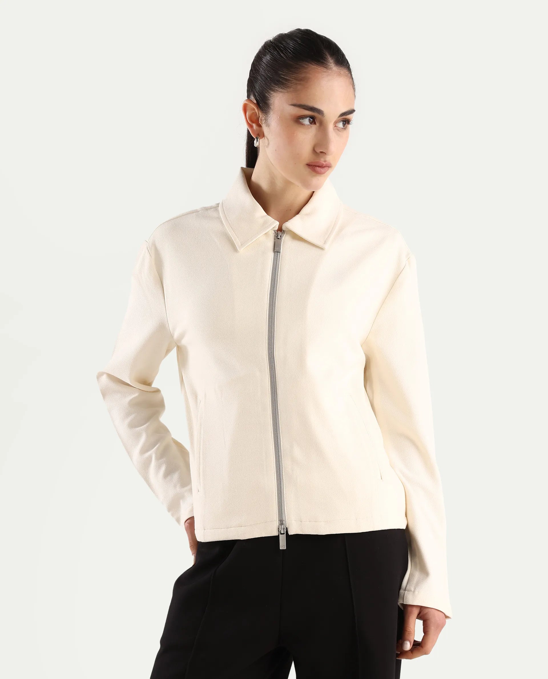 Rareism Women's Nizlo Off White Polyester Blend Spread Collar Regular Plain Jacket