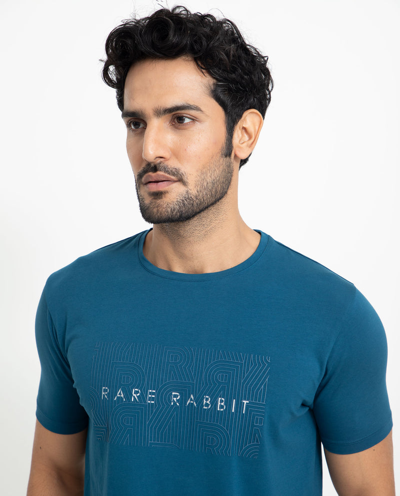 Rare Rabbit Men's Alanet Teal Crew Neck Foil HD Print Branding Half Sleeves Regular Fit T-Shirt