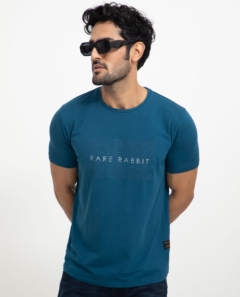 Rare Rabbit Men's Alanet Teal Crew Neck Foil HD Print Branding Half Sleeves Regular Fit T-Shirt